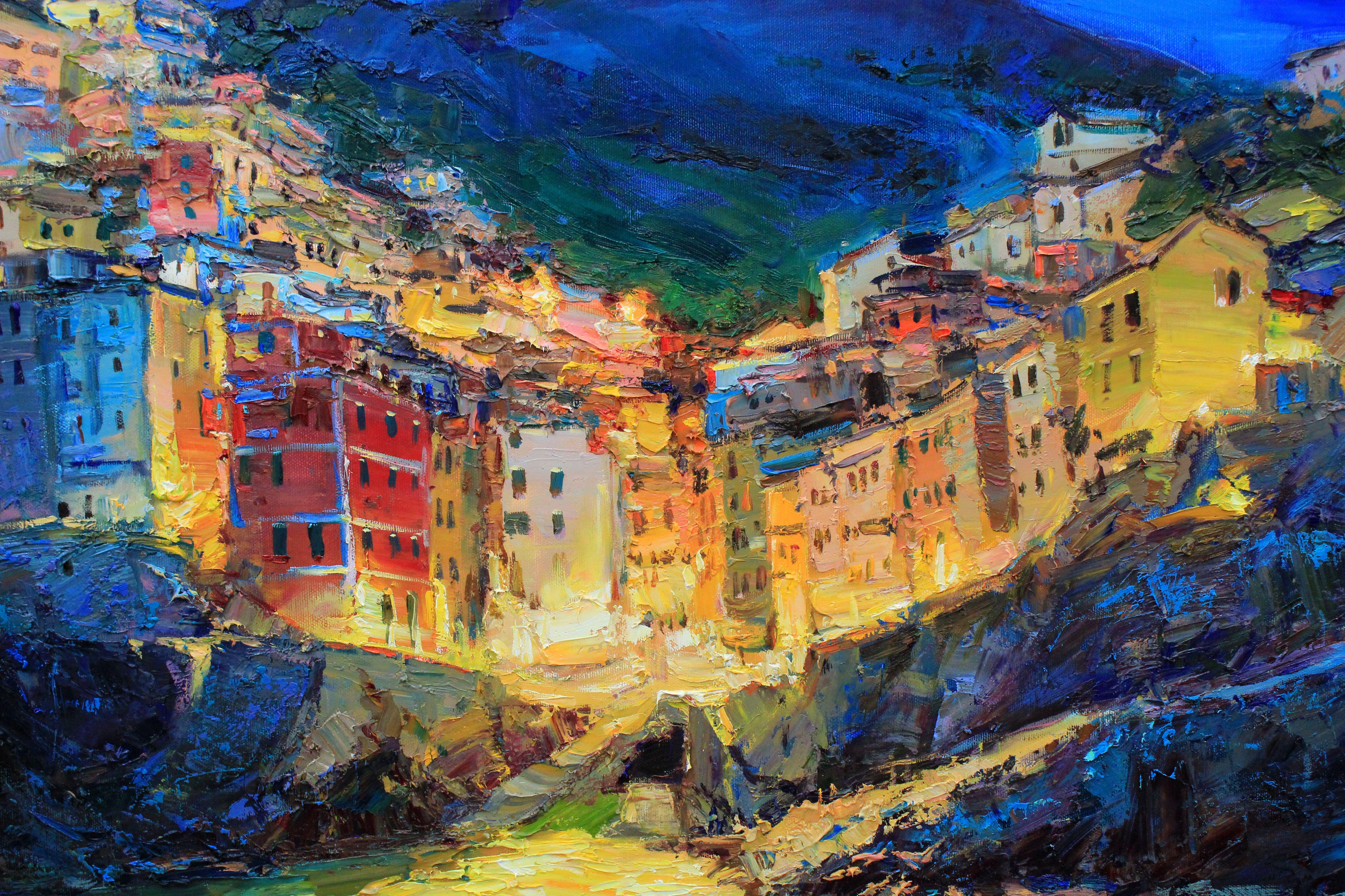 Sera Cinque Terre, Pittura, Olio su tela - Painting Impressionismo di Alisa Onipchenko-Cherniakovska