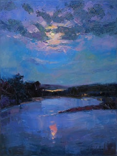"Full moon over the river", Painting, Oil on Canvas