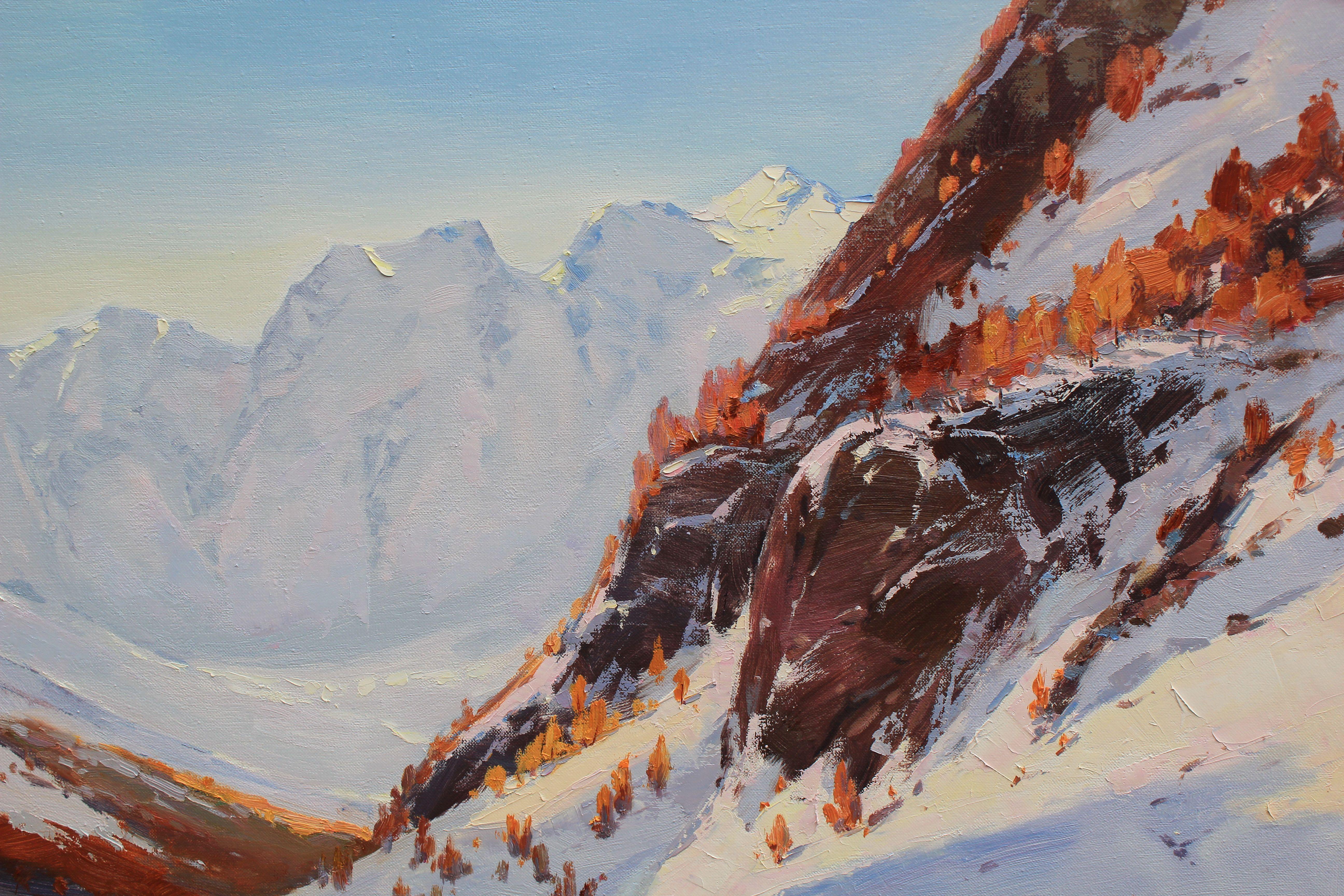 Pittura ad olio originale dell'artista ucraina Alisa Onipchenko  Paesaggio montano con un lago dai colori blu e bianco. Guardando l'immagine, puoi percepire come la neve si stia sciogliendo e l'arrivo della primavera si stia avvicinando. Se ami le