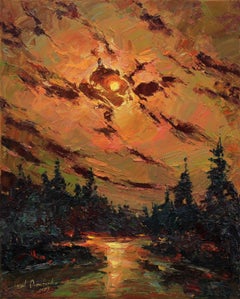 "Moon in gold", Painting, Oil on Canvas