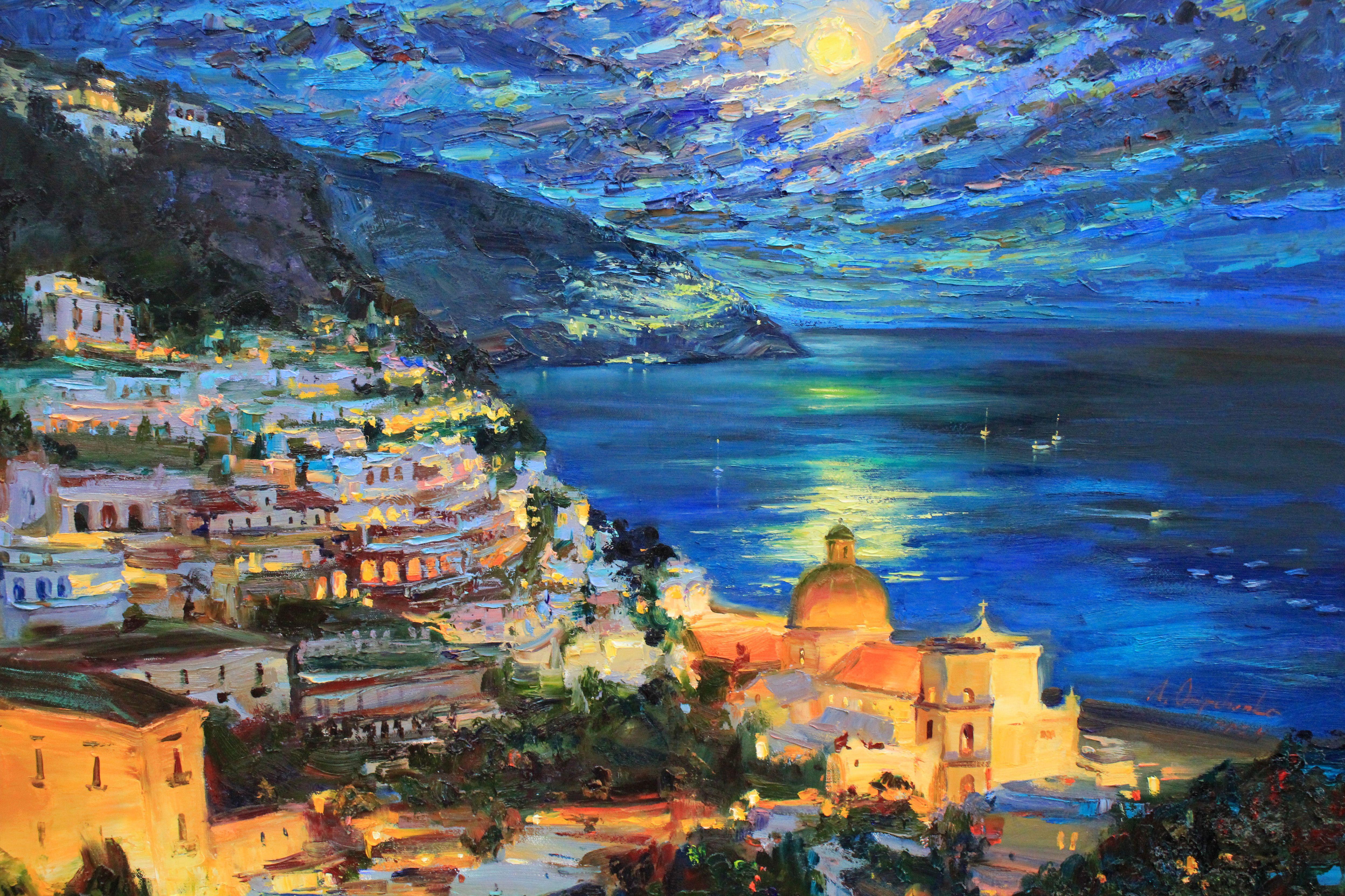 Óleo original de la artista ucraniana Alisa Onipchenko-Cherniakovska  Transpórtate a la encantadora Costa Amalfitana de Italia a través de este cautivador cuadro paisajístico original pintado al impasto. Texturizado y rico en detalles, este óleo