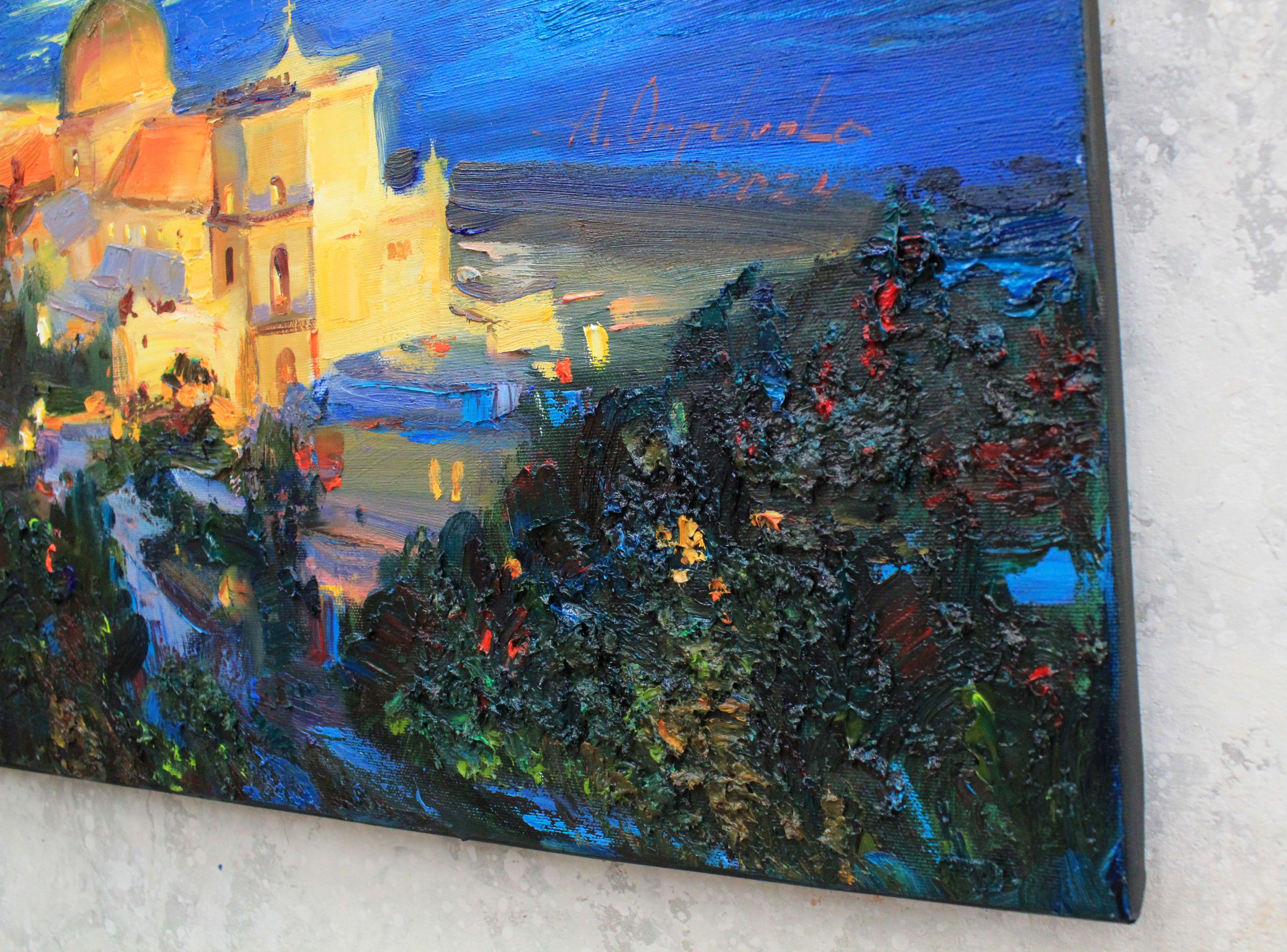 Noche Costa Amalfitana, Pintura, Óleo sobre lienzo en venta 1