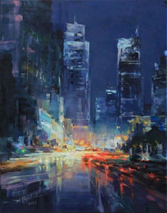 "Night street", Peinture, Huile sur toile