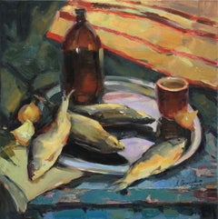 "Nature morte au poisson, peinture, huile sur toile