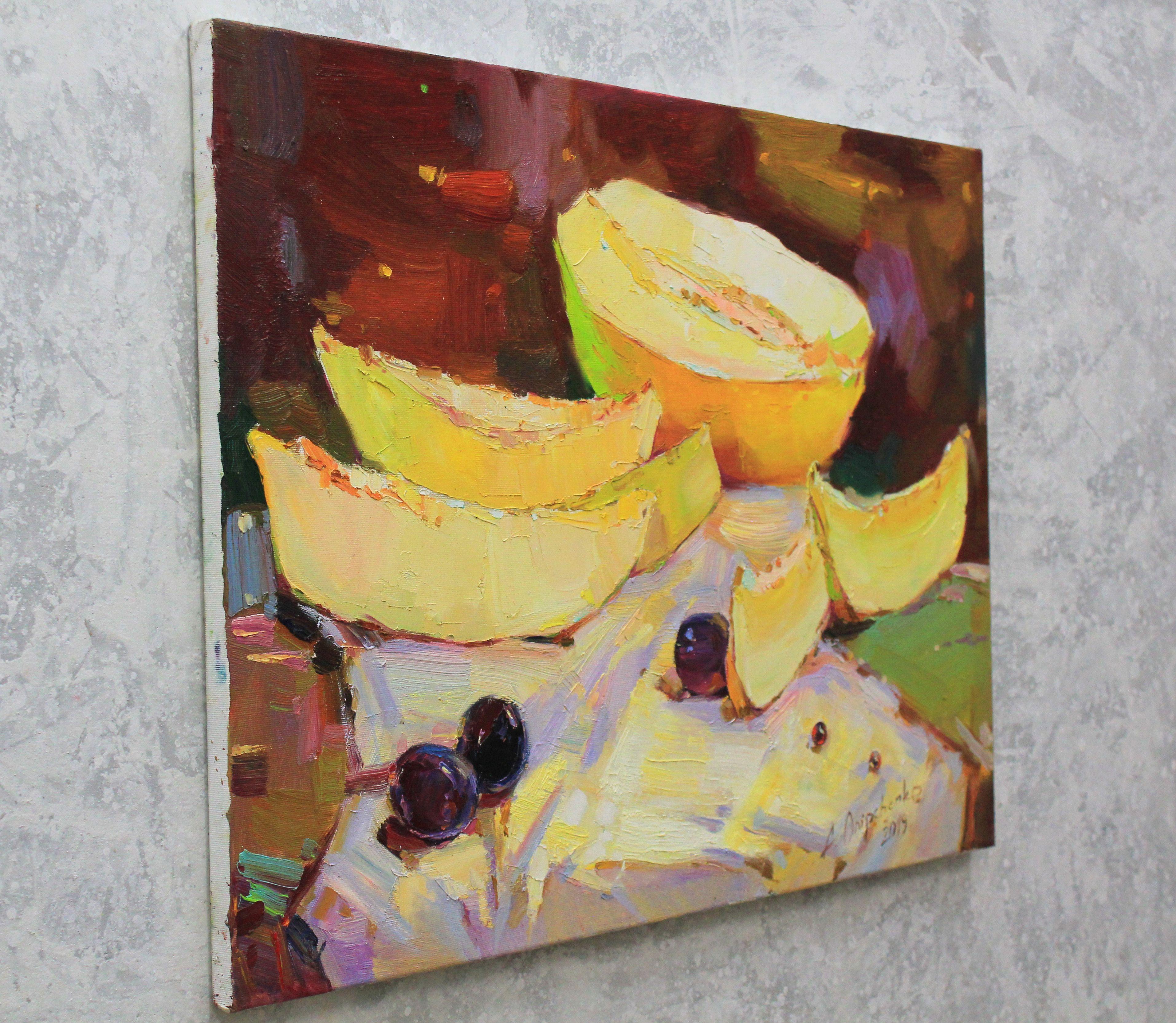 Stillleben mit Melone, Gemlde, l auf Leinwand (Impressionismus), Painting, von Alisa Onipchenko-Cherniakovska