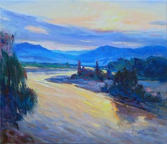 "Le lever par la rivière", peinture, huile sur toile