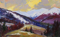"Coucher de soleil dans les montagnes", Peinture, Huile sur toile