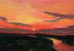 "Coucher de soleil près de la rivière", Peinture, Huile sur toile