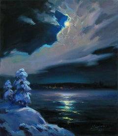 "Winter night", Painting, Oil on Canvas