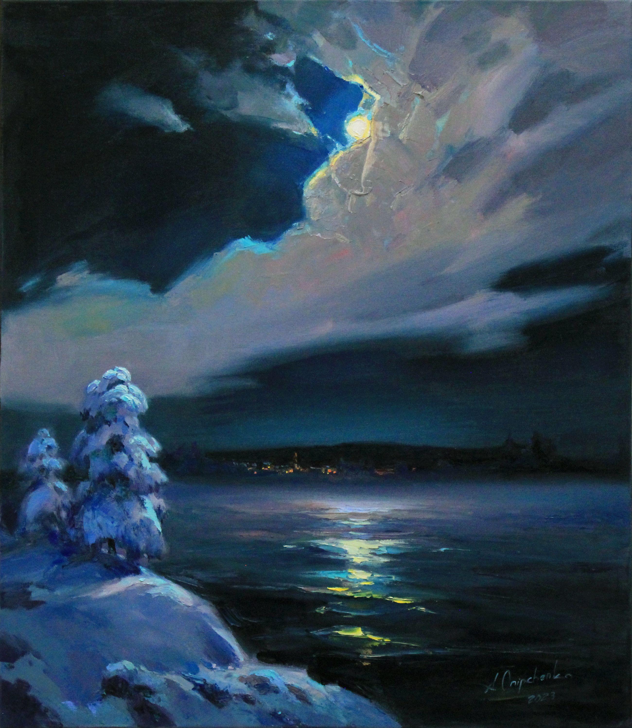 „Winter night“, Gemälde, Öl auf Leinwand