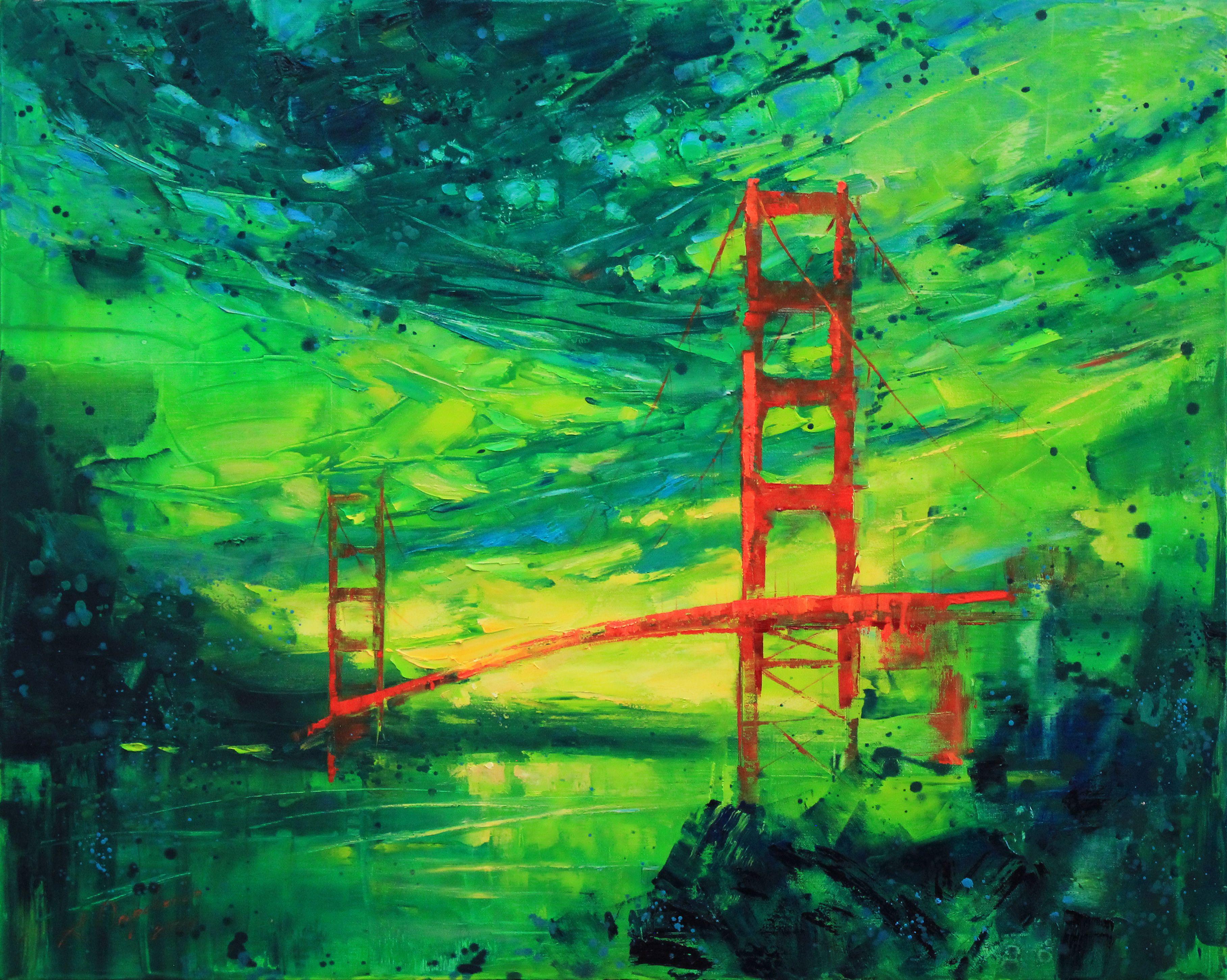 In creating this artwork, I submerged the iconic bridge within a vibrant sea of greens, symbolizing growth and resilience amidst the fluid motions of life. The fiery red of the structure stands resilient, a beacon of hope and endurance. I chose oil