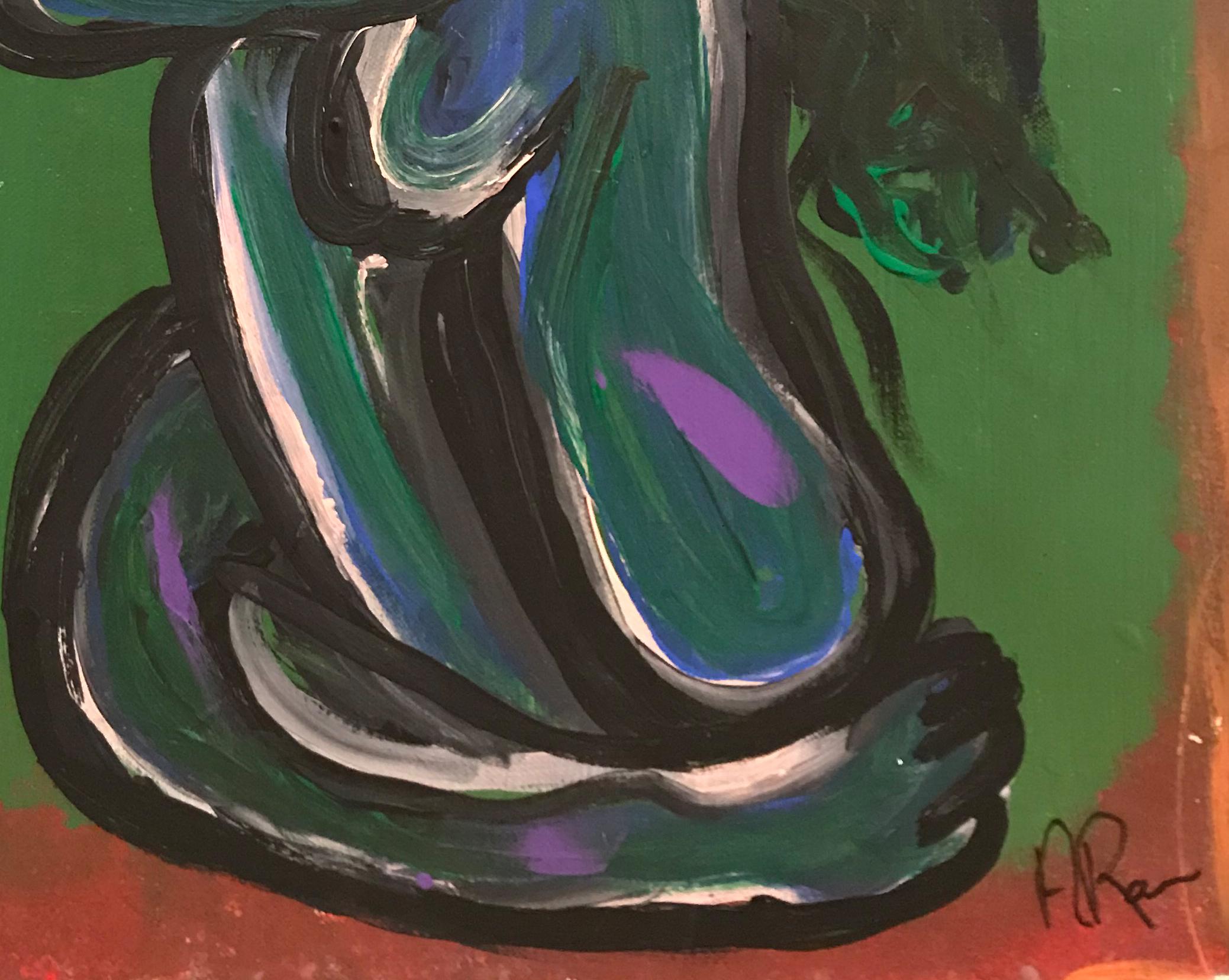 Peinture acrylique verte Nu acrylique signée toile investissement artistique abstrait vert bleu rouge en vente 2
