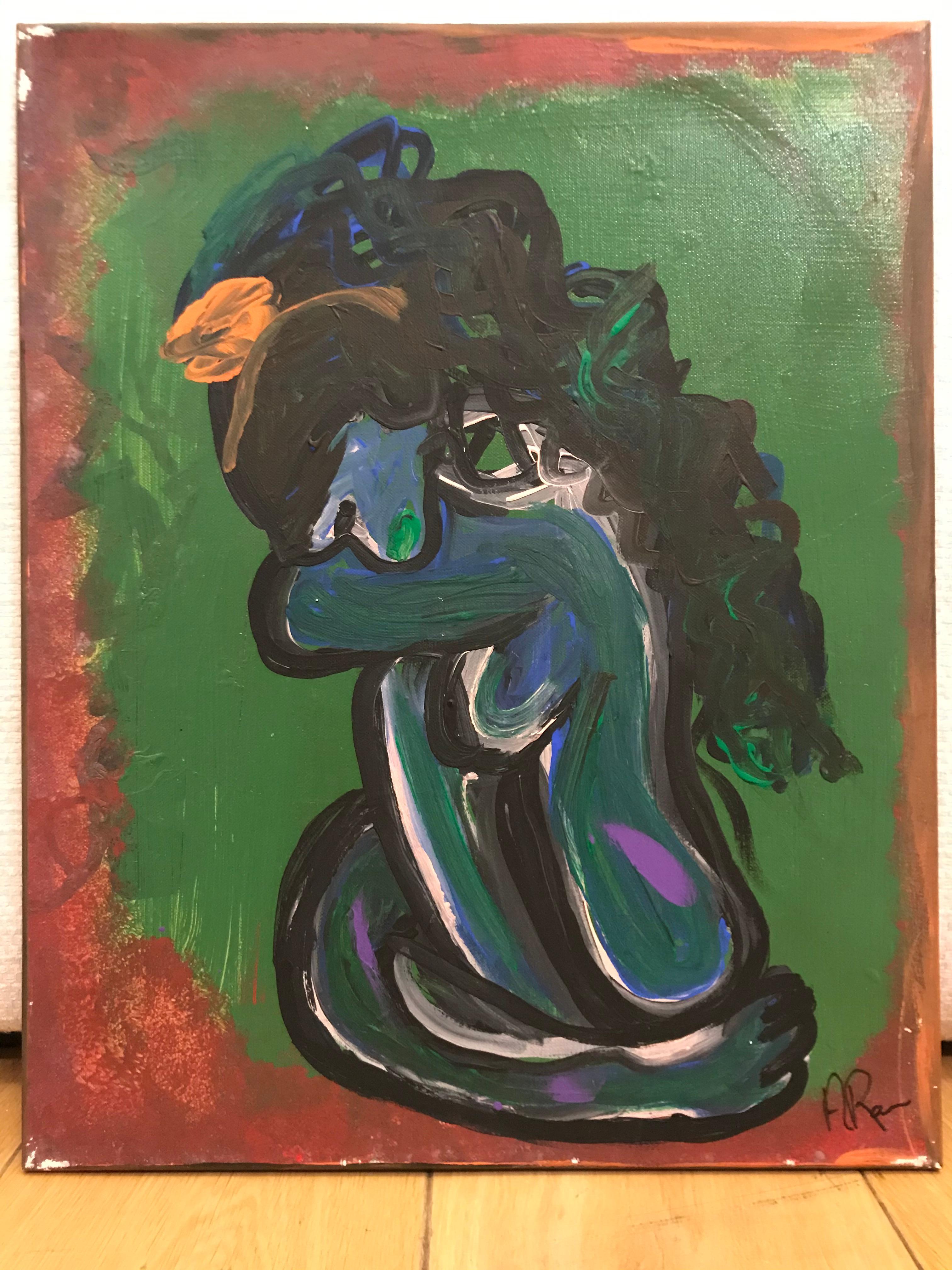 Alisa Rawls Abstract Painting - Green Nude acrylic paint signed canvas abstract art investment green blue red