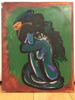 Green Nude acrylic paint signed canvas abstract art investment green blue red