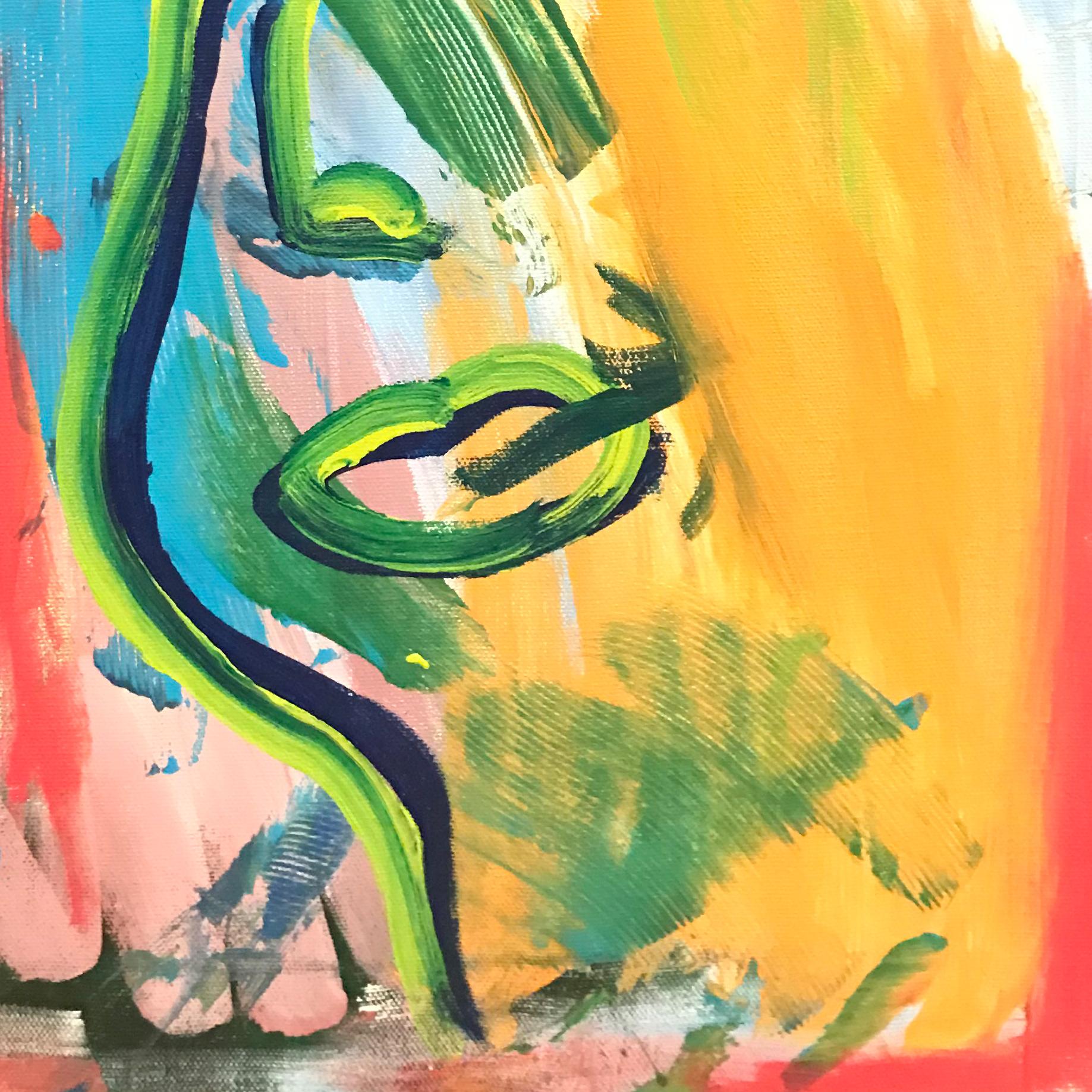 La Cara. Original. Face, Acrylic Oil Pastel on Canvas, Vibrant, Abstract, Signed. - Beige Abstract Painting by Alisa Rawls