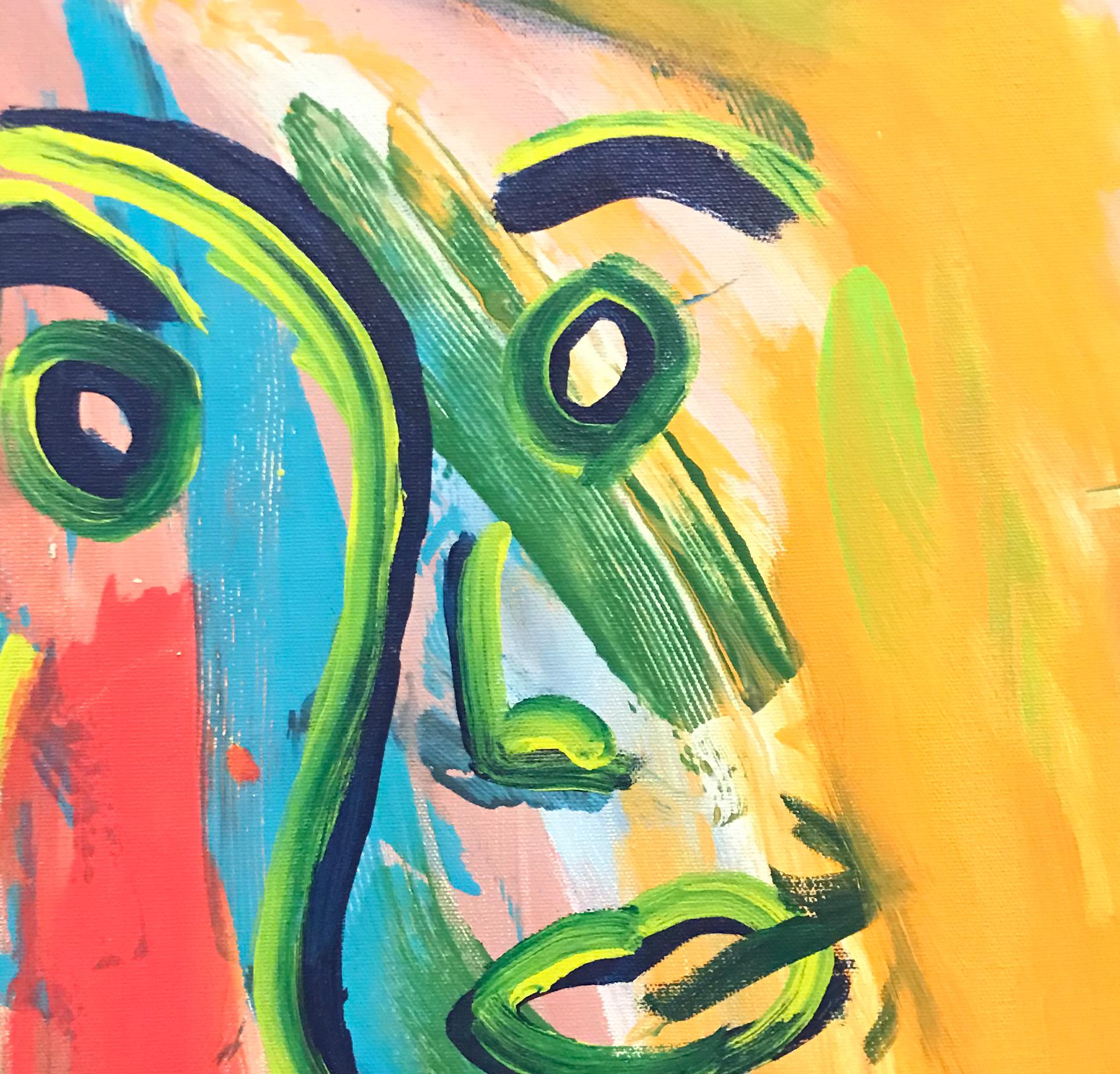 La Cara. Original. Face, Acrylic Oil Pastel on Canvas, Vibrant, Abstract, Signed. For Sale 2