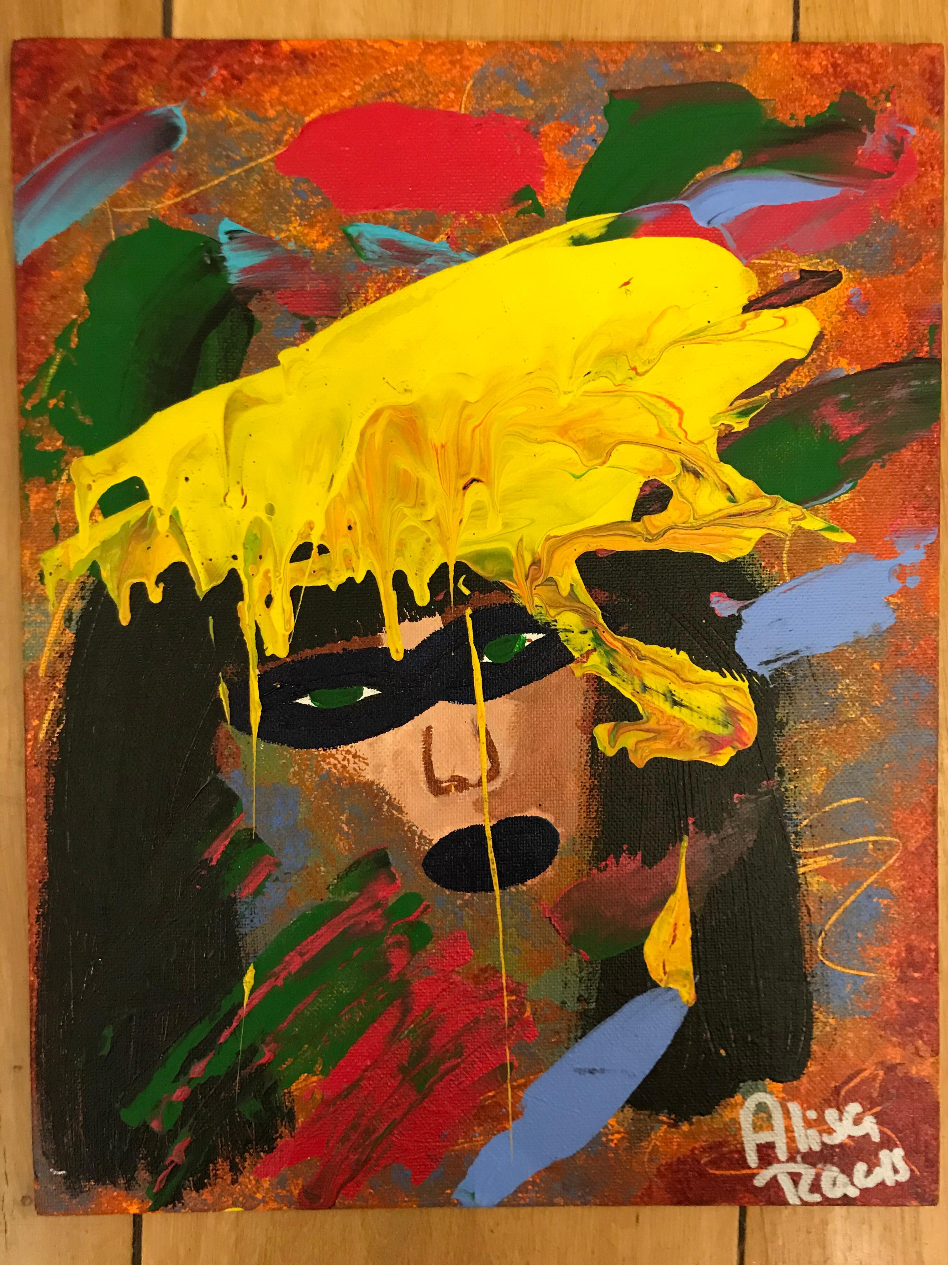 Yellow Mask acrylic signed canvas abstract art investment yellow red green - Art by Alisa Rawls