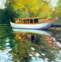 Swans and Reflections. by Alise Medina. Oil on canvas, 30x40 cm. Signed