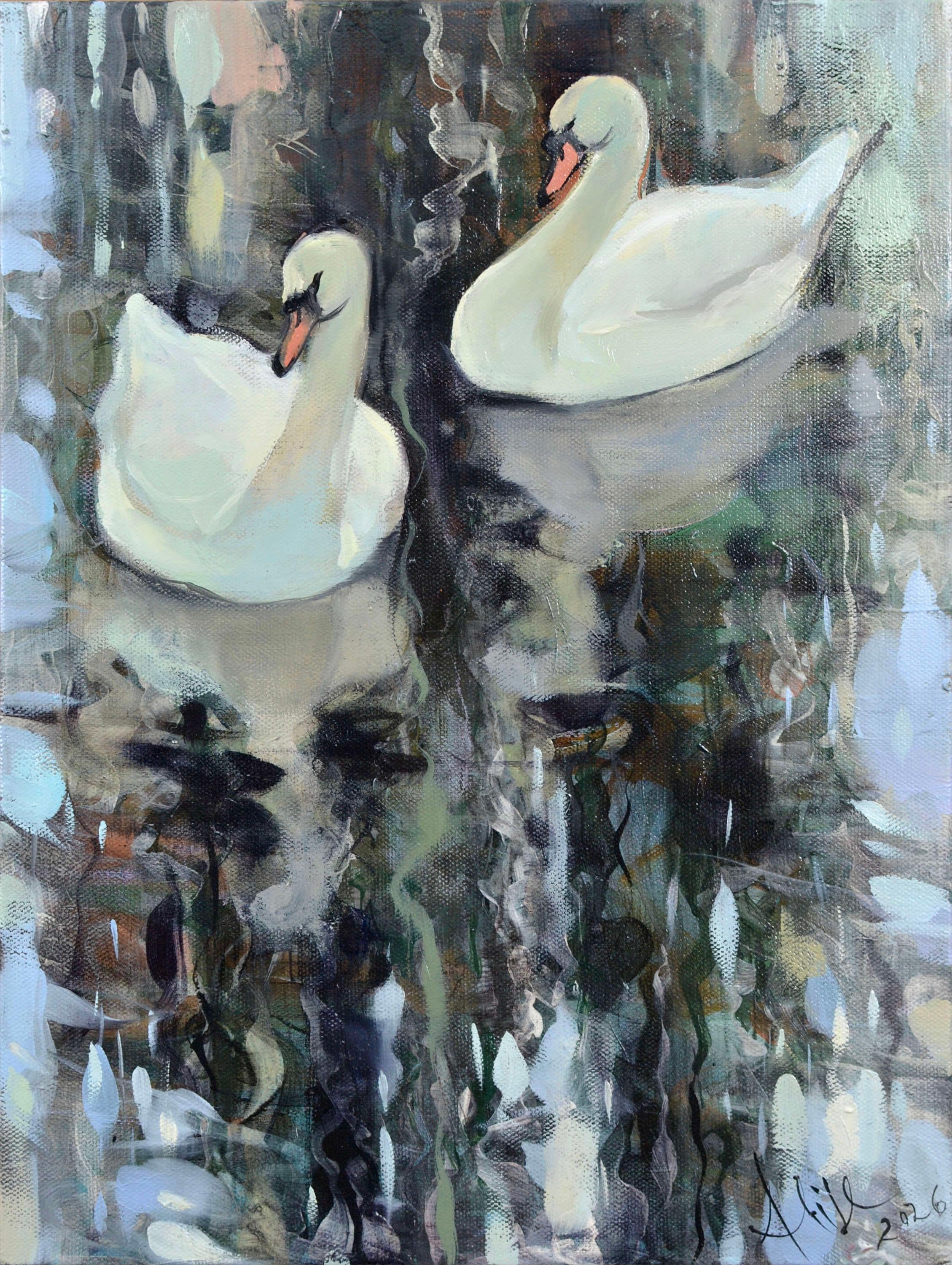 Swans and Reflections, by Alise Medina. Oil on canvas, 40x30 cm. Signed