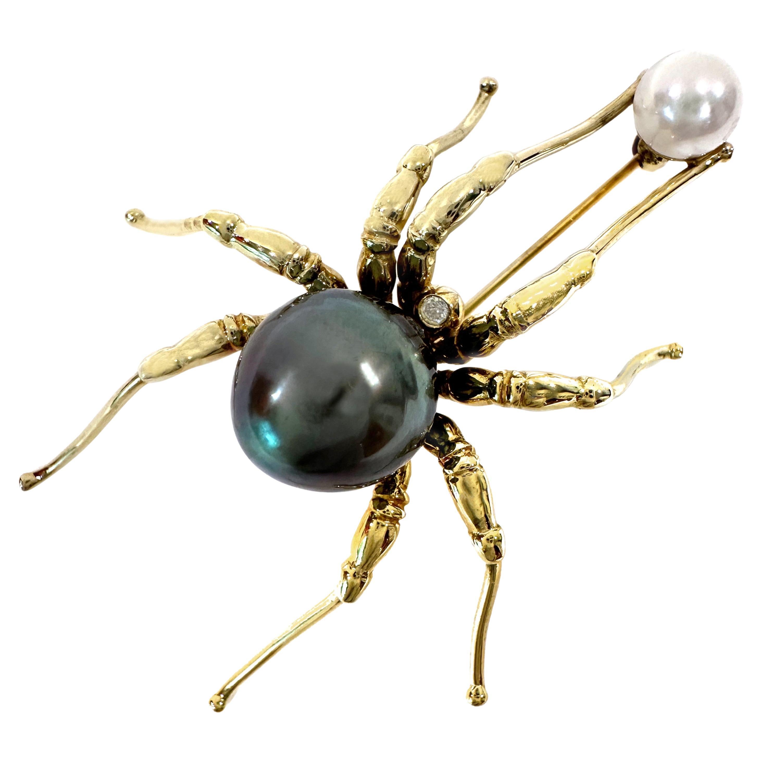 Alishan 18K Gold Spider Brooch with Tahitian & Akoya Pearls with Diamond Accent