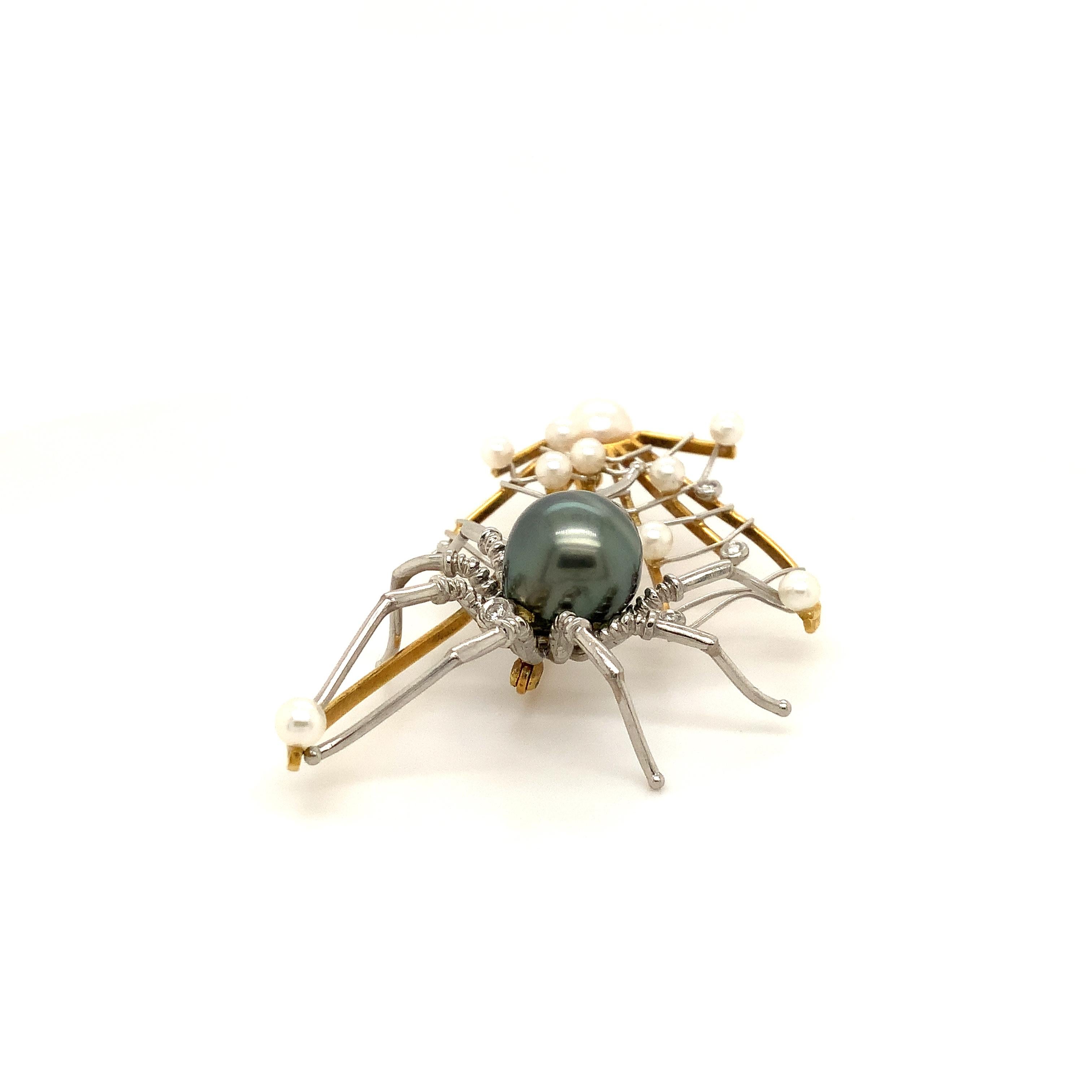 Artisan Alishan Limited Edition Platinum and 18 Kt Gold Spider & Web Pearl and Diamond For Sale