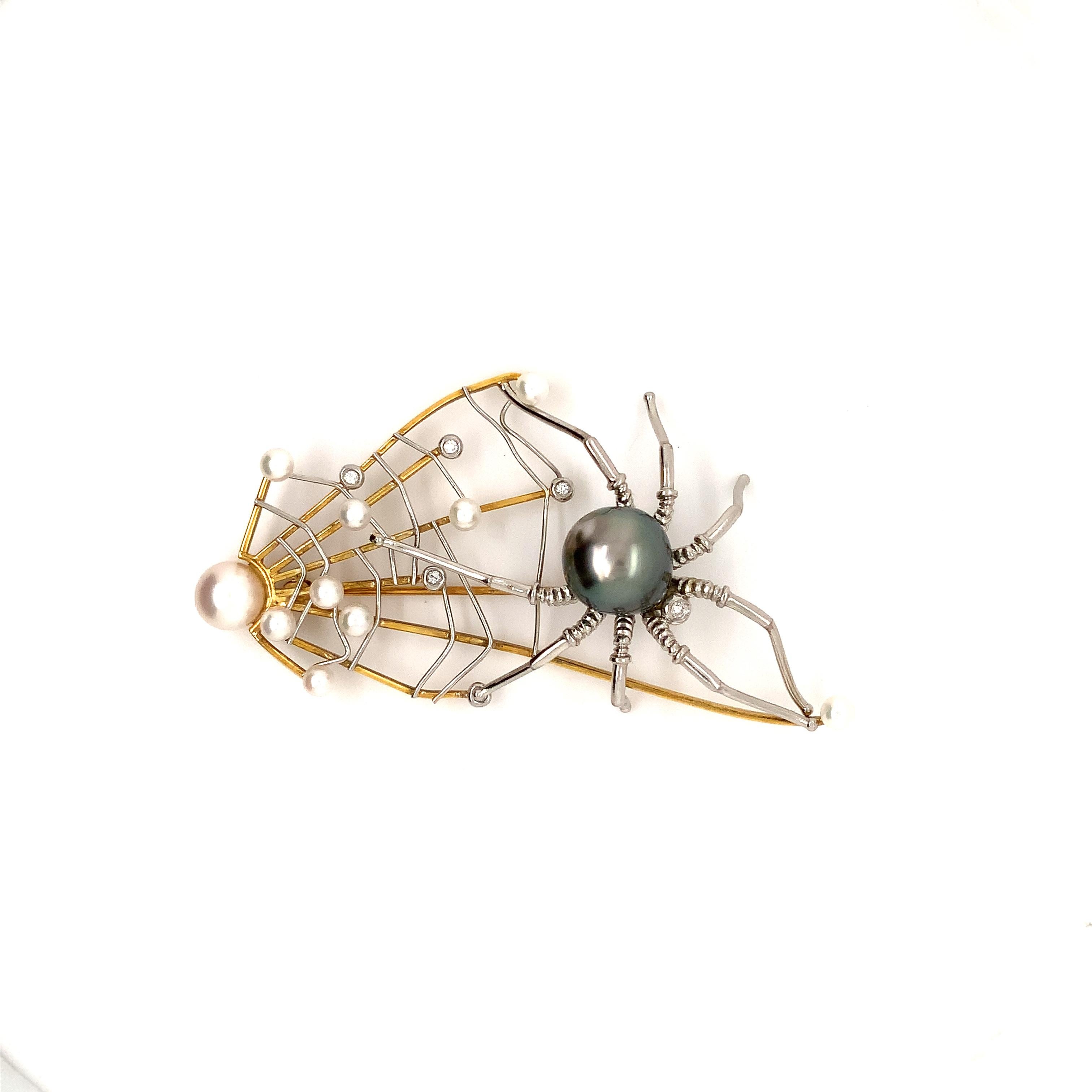 Alishan Limited Edition Platinum and 18 Kt Gold Spider & Web Pearl and Diamond In Excellent Condition For Sale In Los Gatos, CA