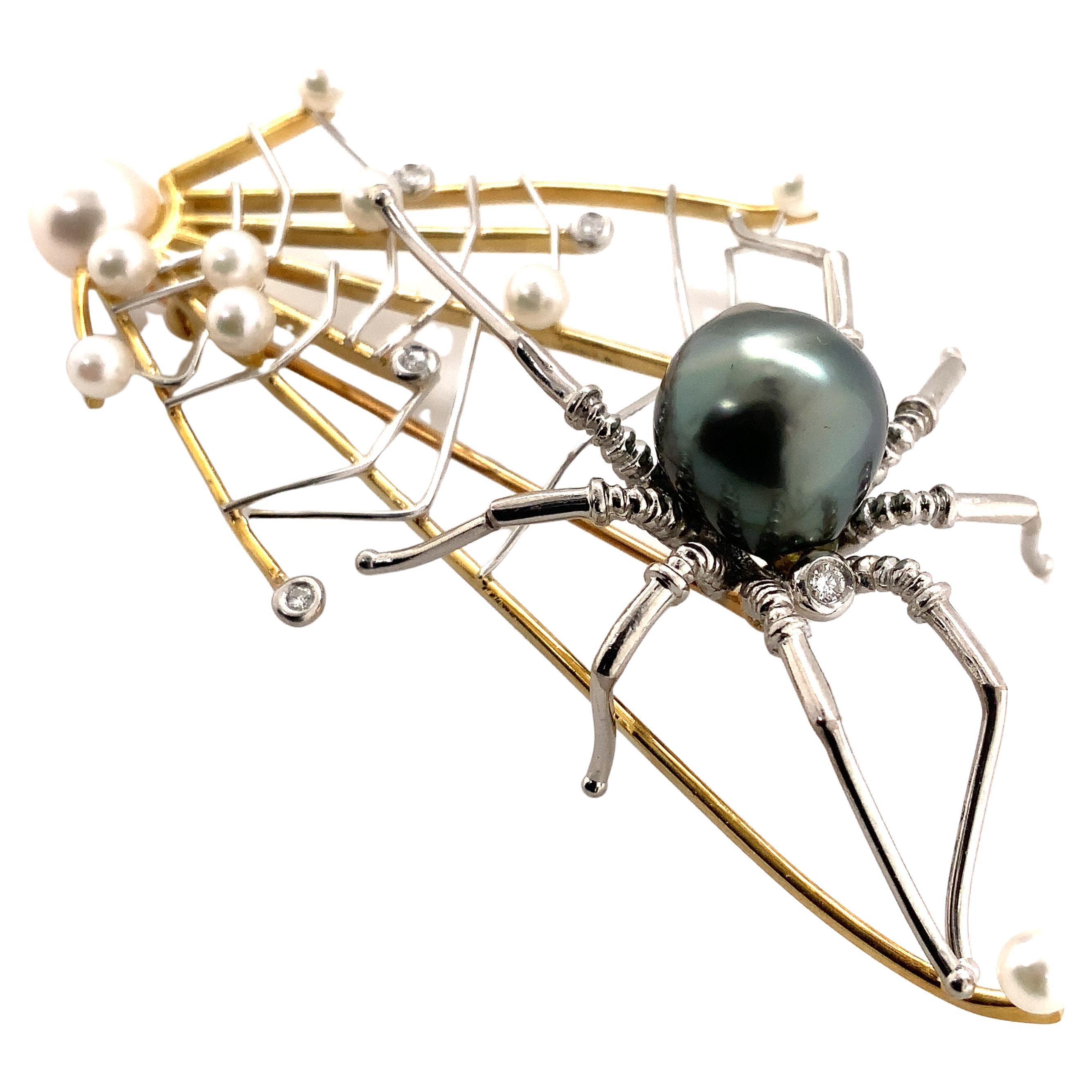 Alishan Limited Edition Platinum and 18 Kt Gold Spider & Web Pearl and Diamond For Sale
