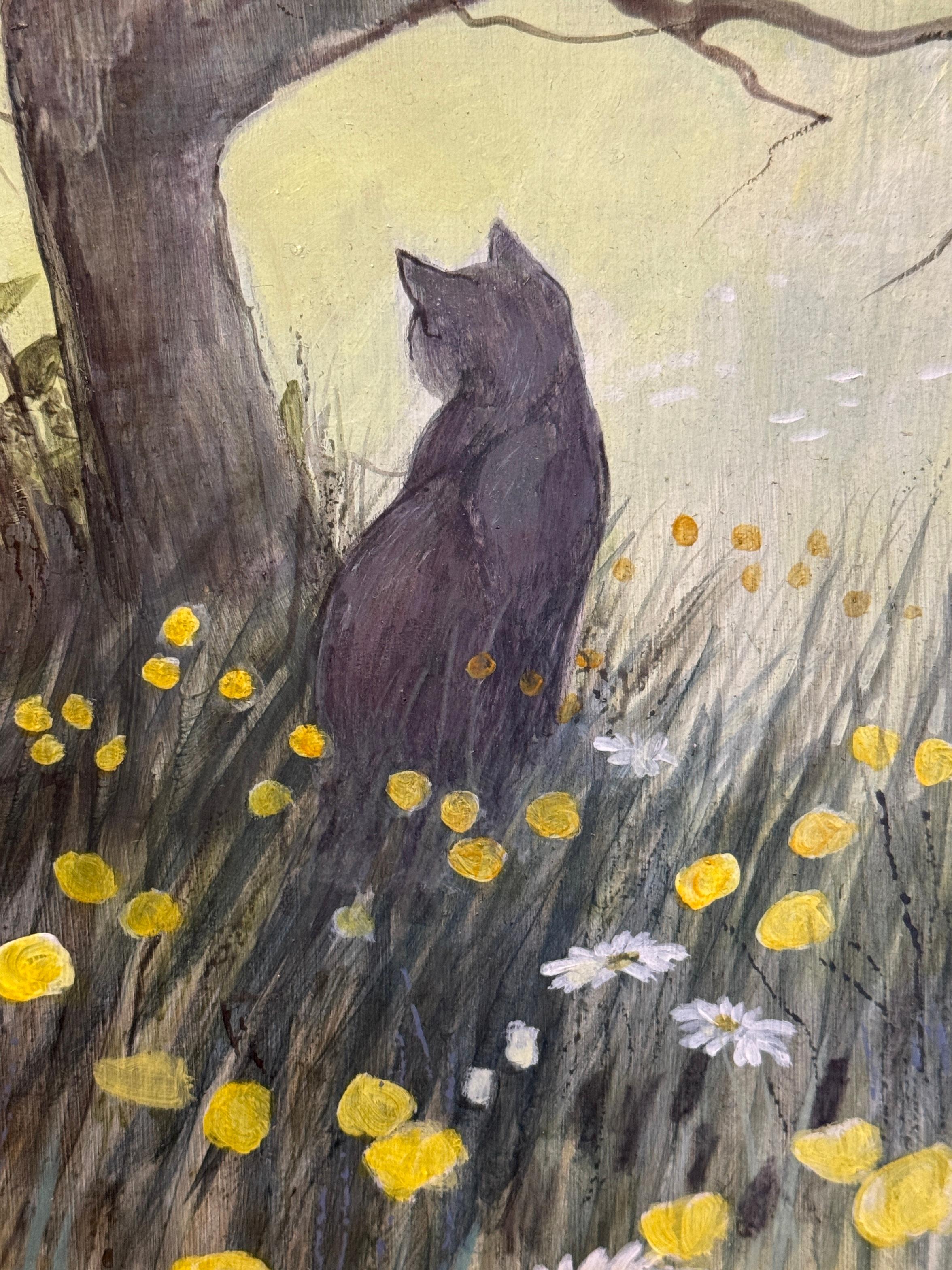 Paisaje inglés del siglo XX con un gatito, ranúnculos, margaritas y flores - Painting de Alison Bolton