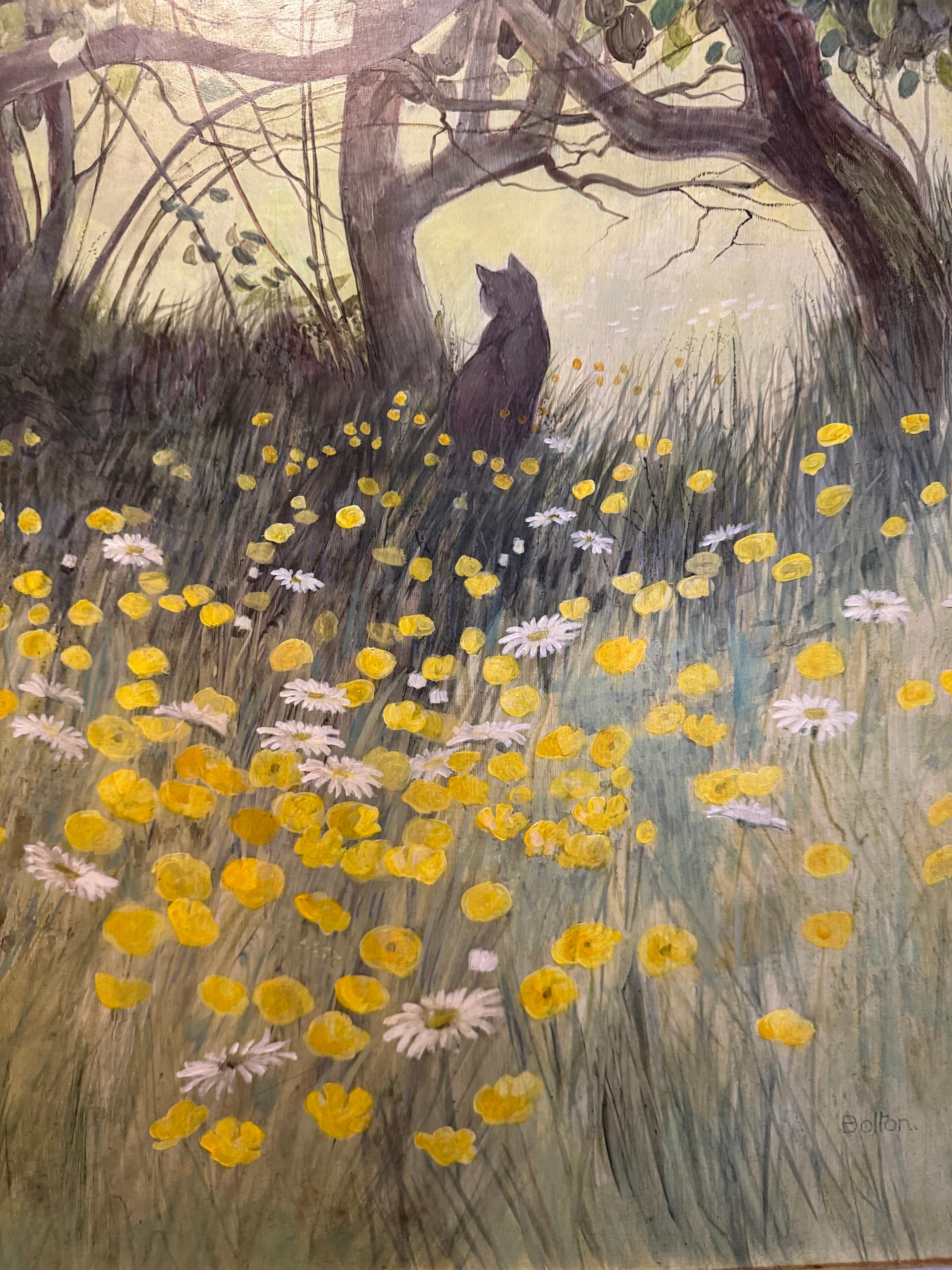 Paisaje inglés del siglo XX con un gatito, ranúnculos, margaritas y flores - Painting Moderno de Alison Bolton