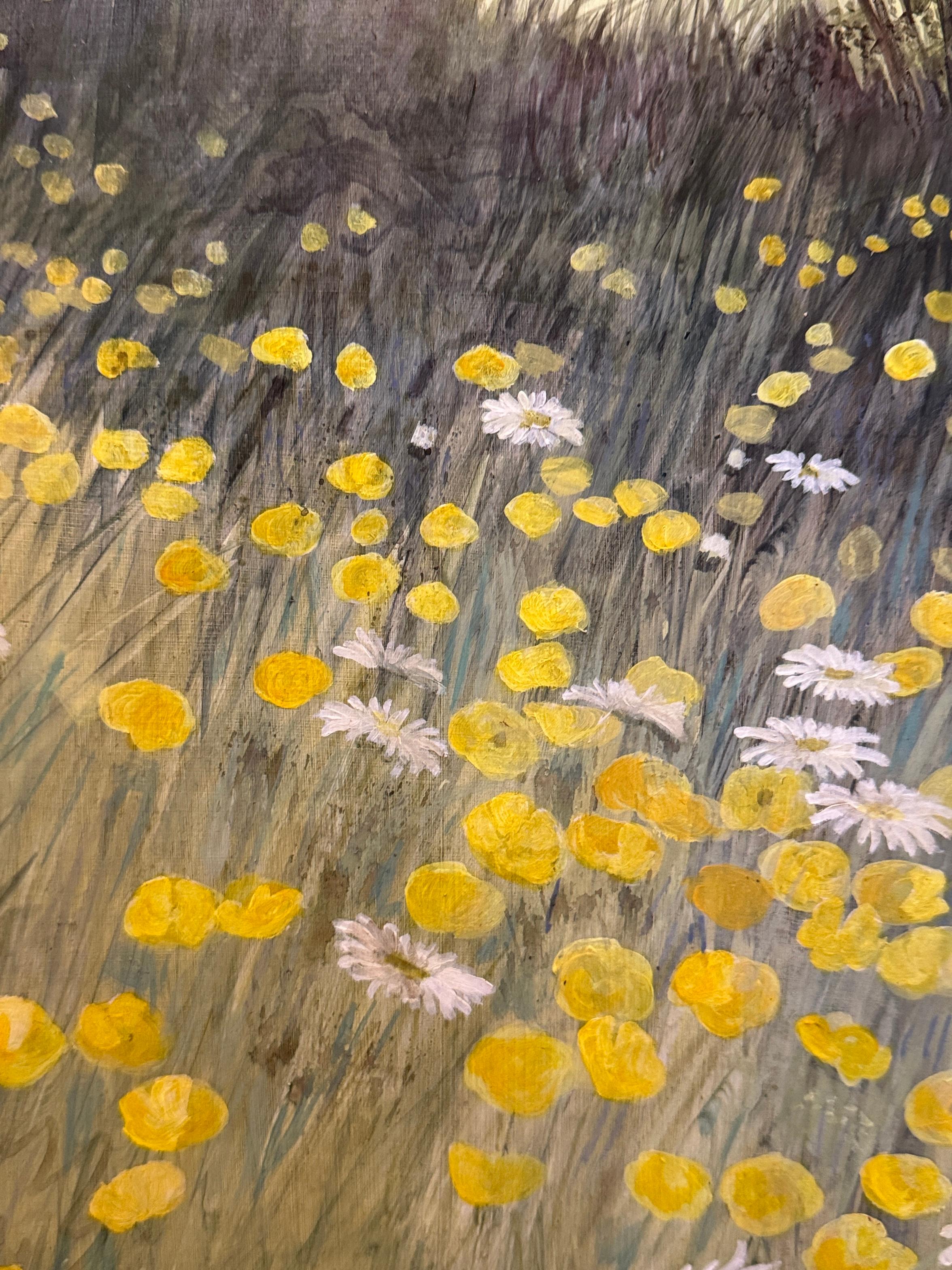 Paisaje inglés del siglo XX con un gatito, ranúnculos, margaritas y flores - Figurative Painting Marrón de Alison Bolton