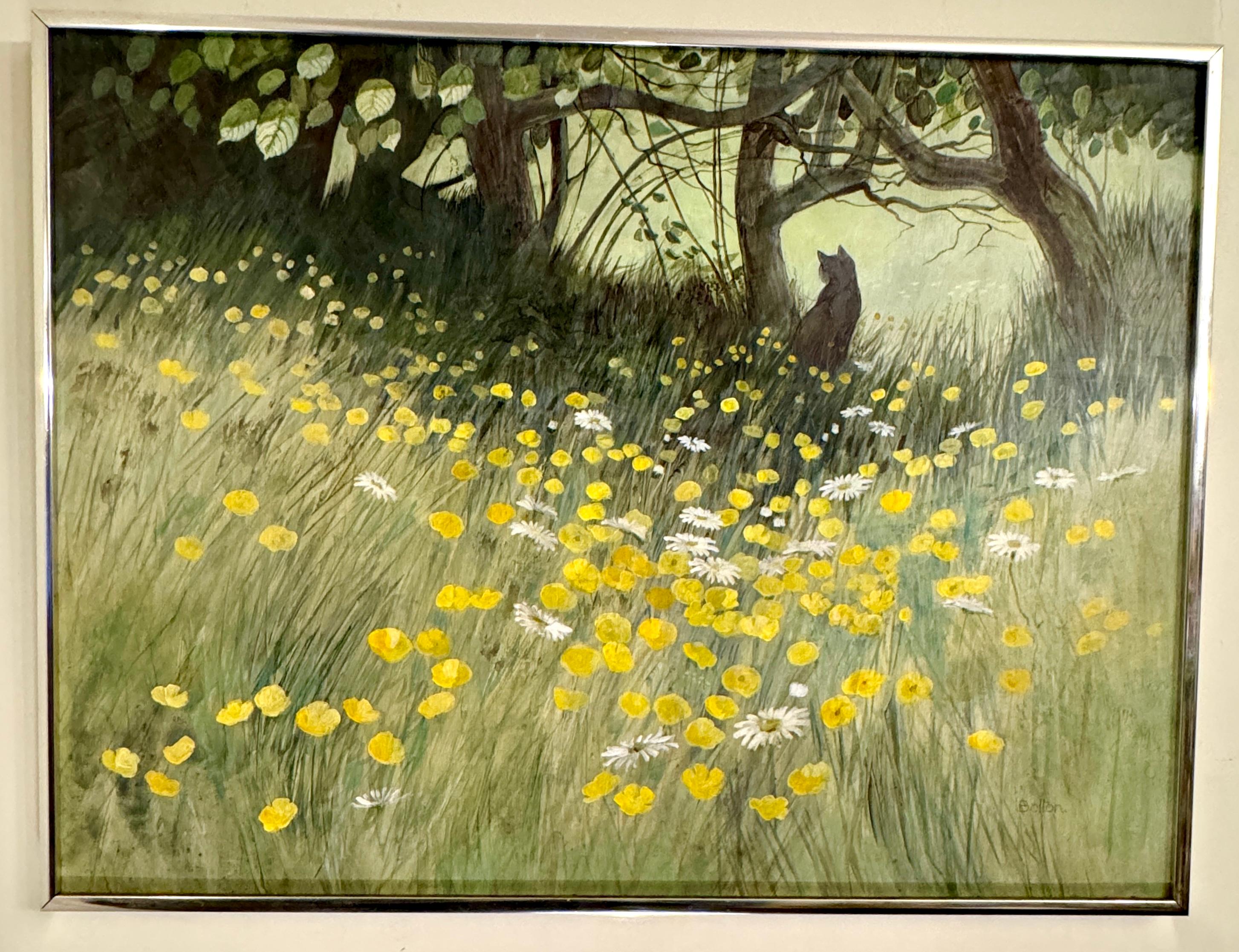 Figurative Painting de Alison Bolton - Paisaje inglés del siglo XX con un gatito, ranúnculos, margaritas y flores