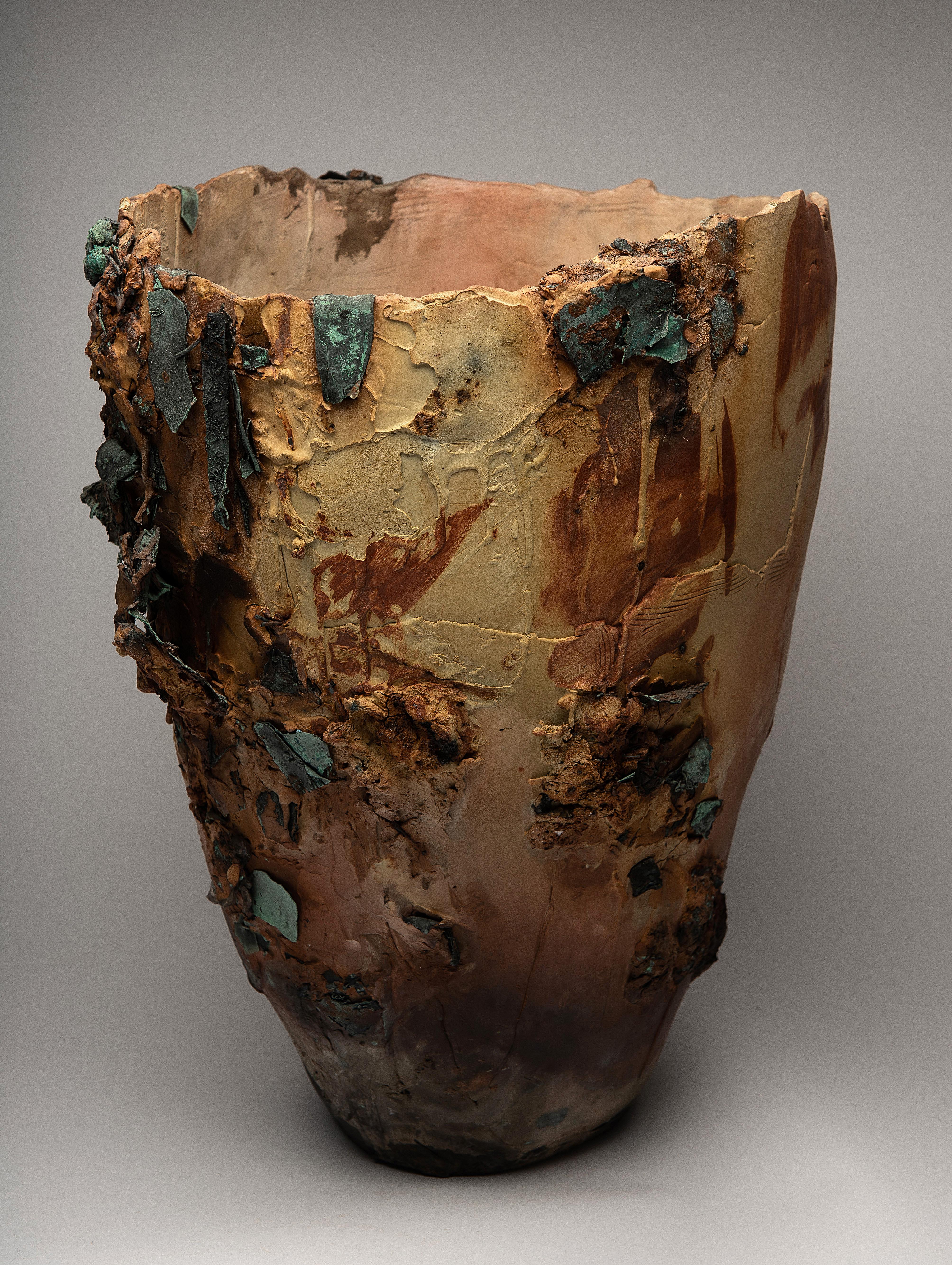 Alison Brannen Abstract Sculpture - "Magma", ceramic sculpture, porcelain vase, saggar, copper earth, burnt offering