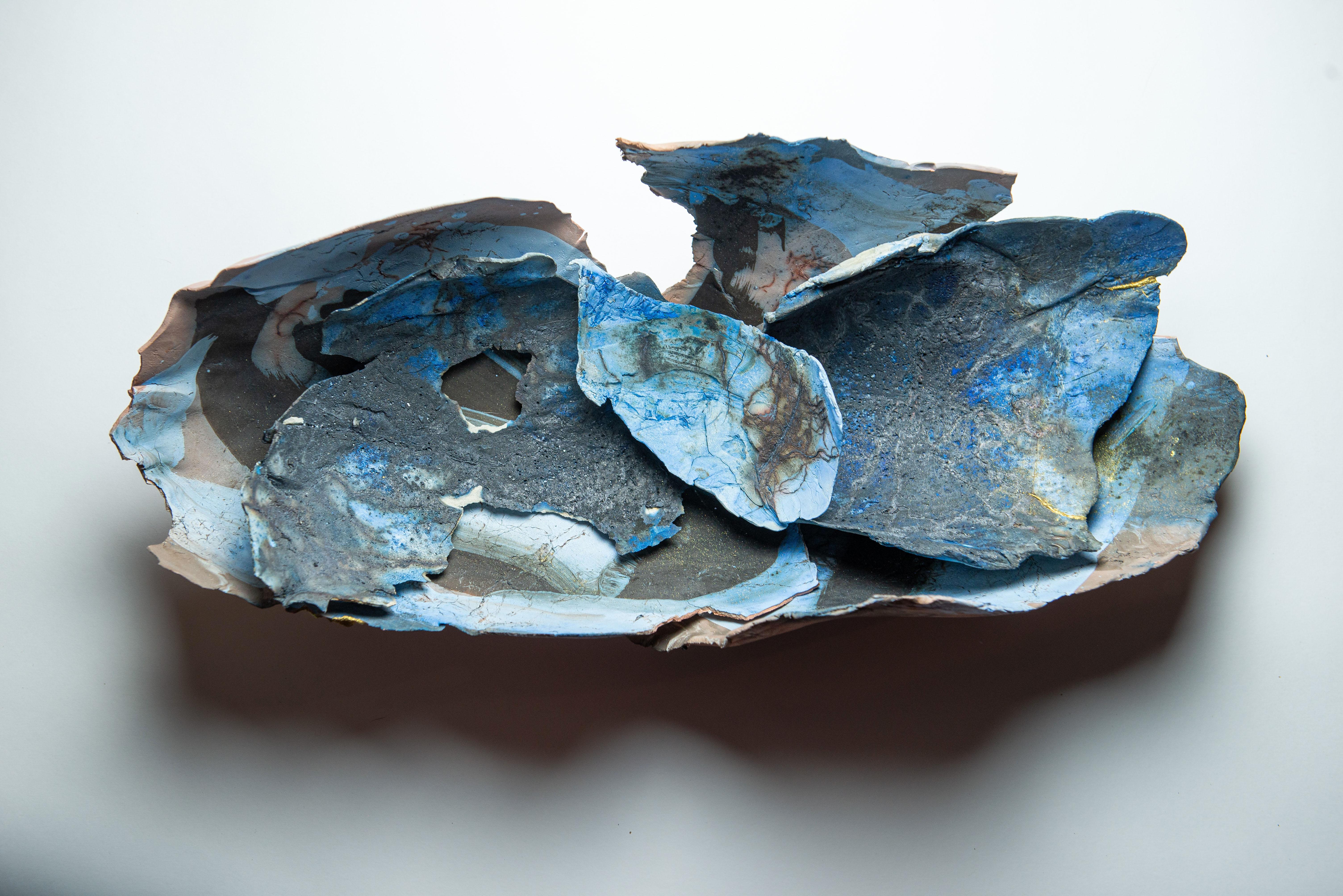"Ocean Canyon II", ceramic sculpture, porcelain, saggar, blue, rust Kintsugi - Mixed Media Art by Alison Brannen