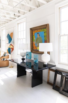 Contemporary Figurative Market Scene Painting in Soft Blue and Green Tones