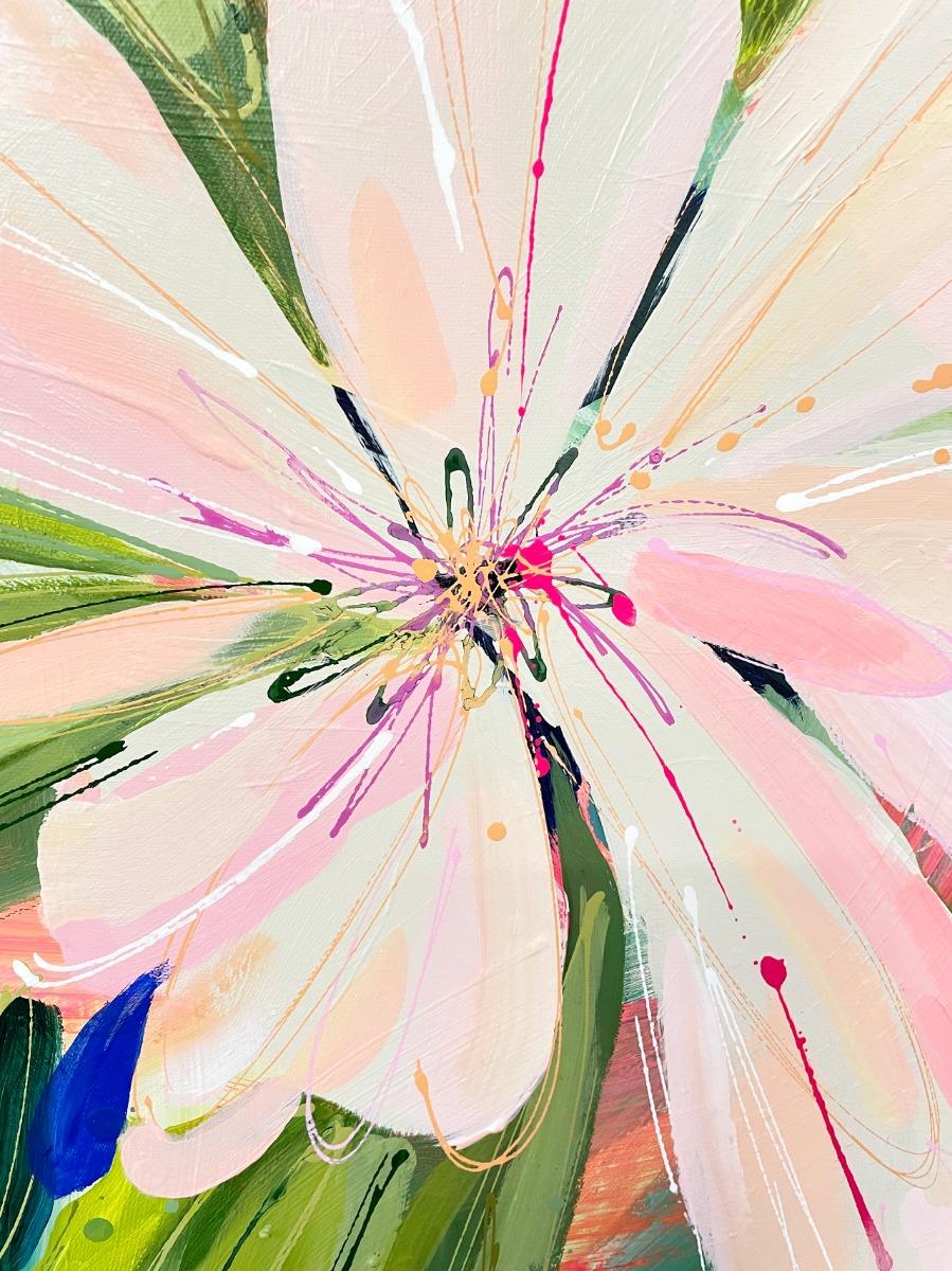 This vibrant and expressive floral painting features large, soft-pink flowers with bold, green leaves. The brushstrokes are dynamic and fluid, giving the artwork a sense of movement and energy. Splashes of bright colour, including blue, pink, and