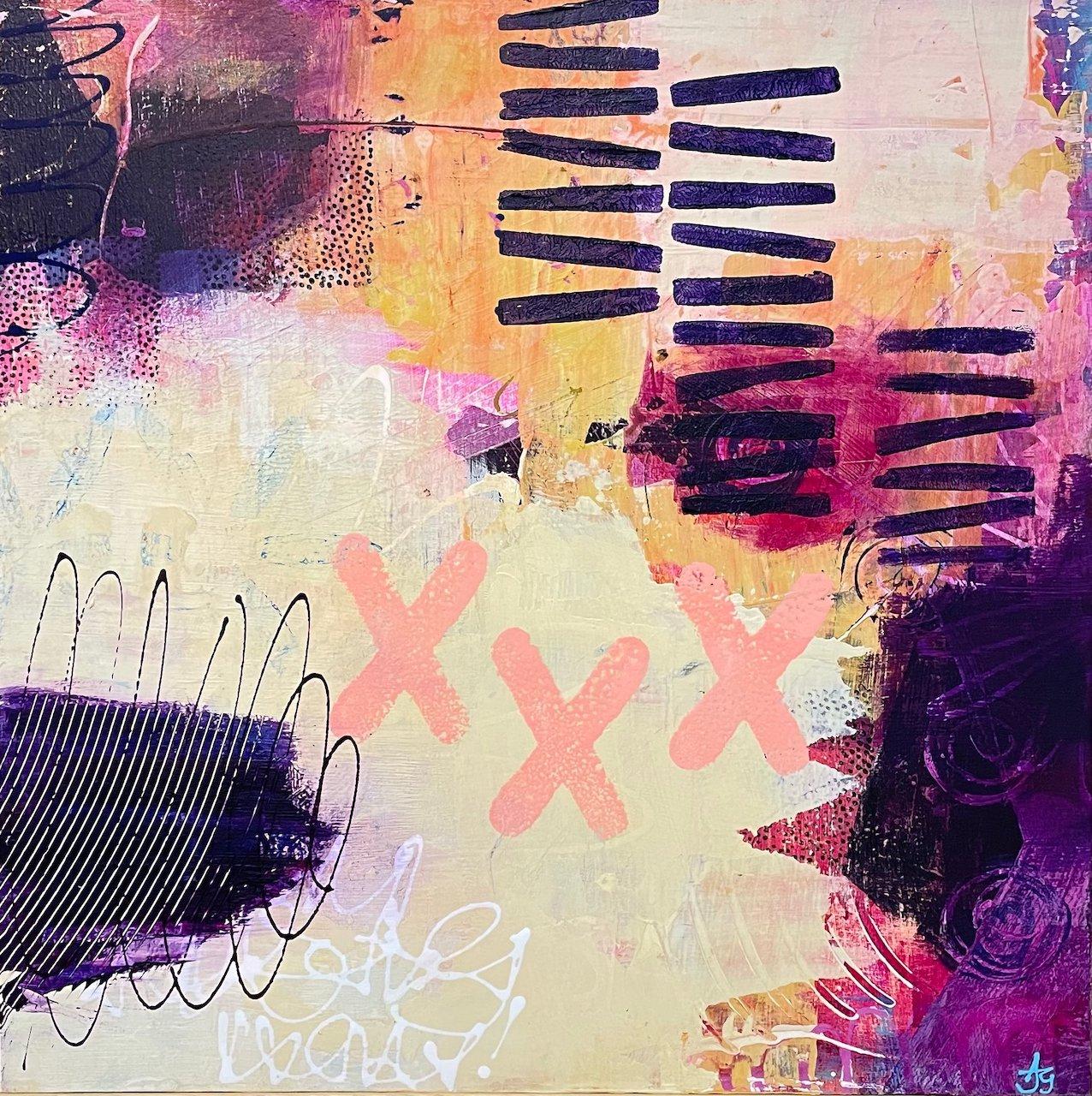 Alison Gilbert Abstract Painting – „The Way Through“, rosa und lila Acrylgemälde, helles abstraktes Kunstwerk 