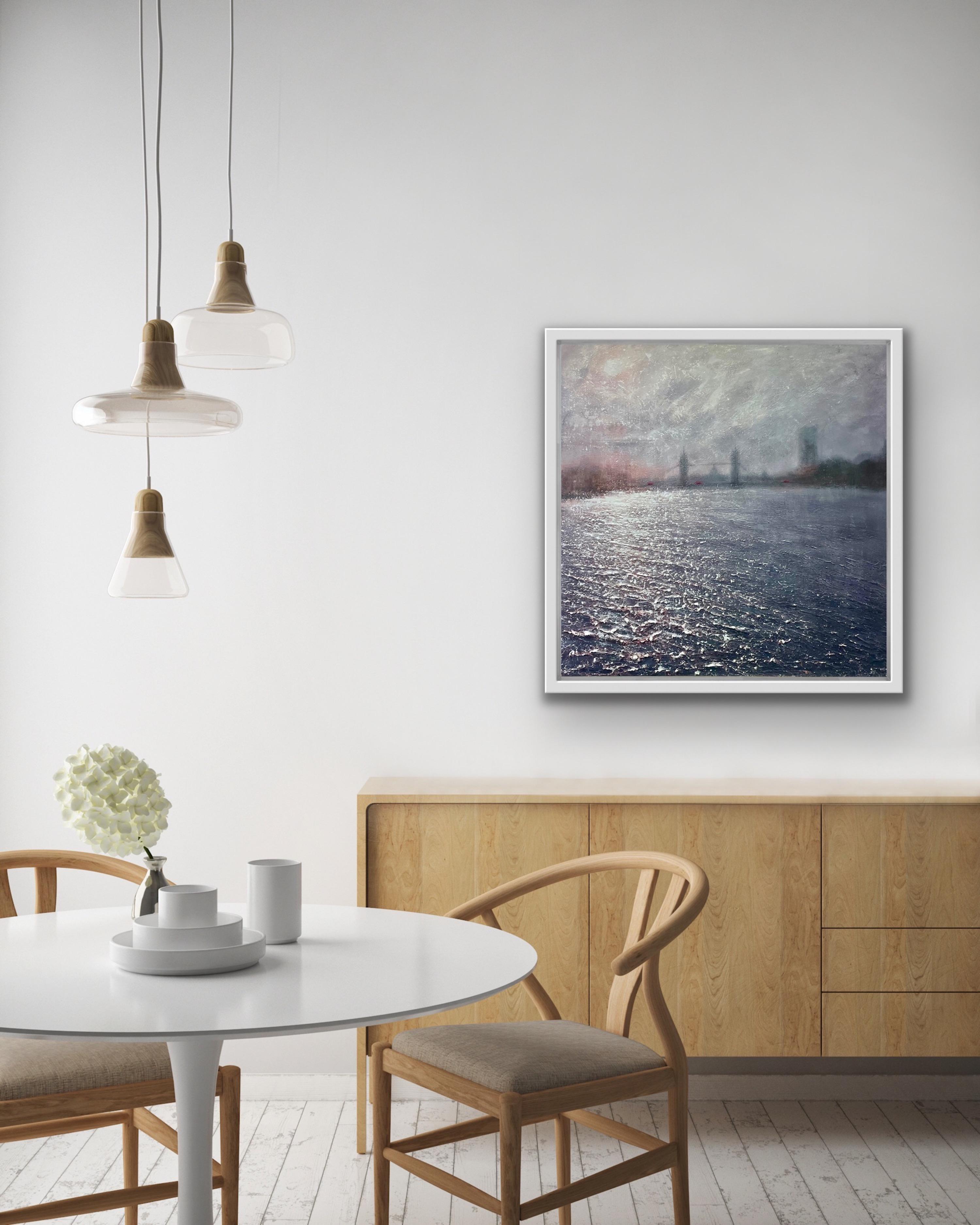 Tower Bridge Ripples [2022]
Signed by the artist
Oil paint over textured acrylic medium
Image size: H:76cm x W:76cm x D:2cm
Frame Size: H:85cm  x W:85cm x D:3cm
Please note that insitu images are purely an indication of how a piece may look
Tower
