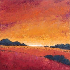 "Afterglow" Mixed media impasto landscape painting of red field and orange sky