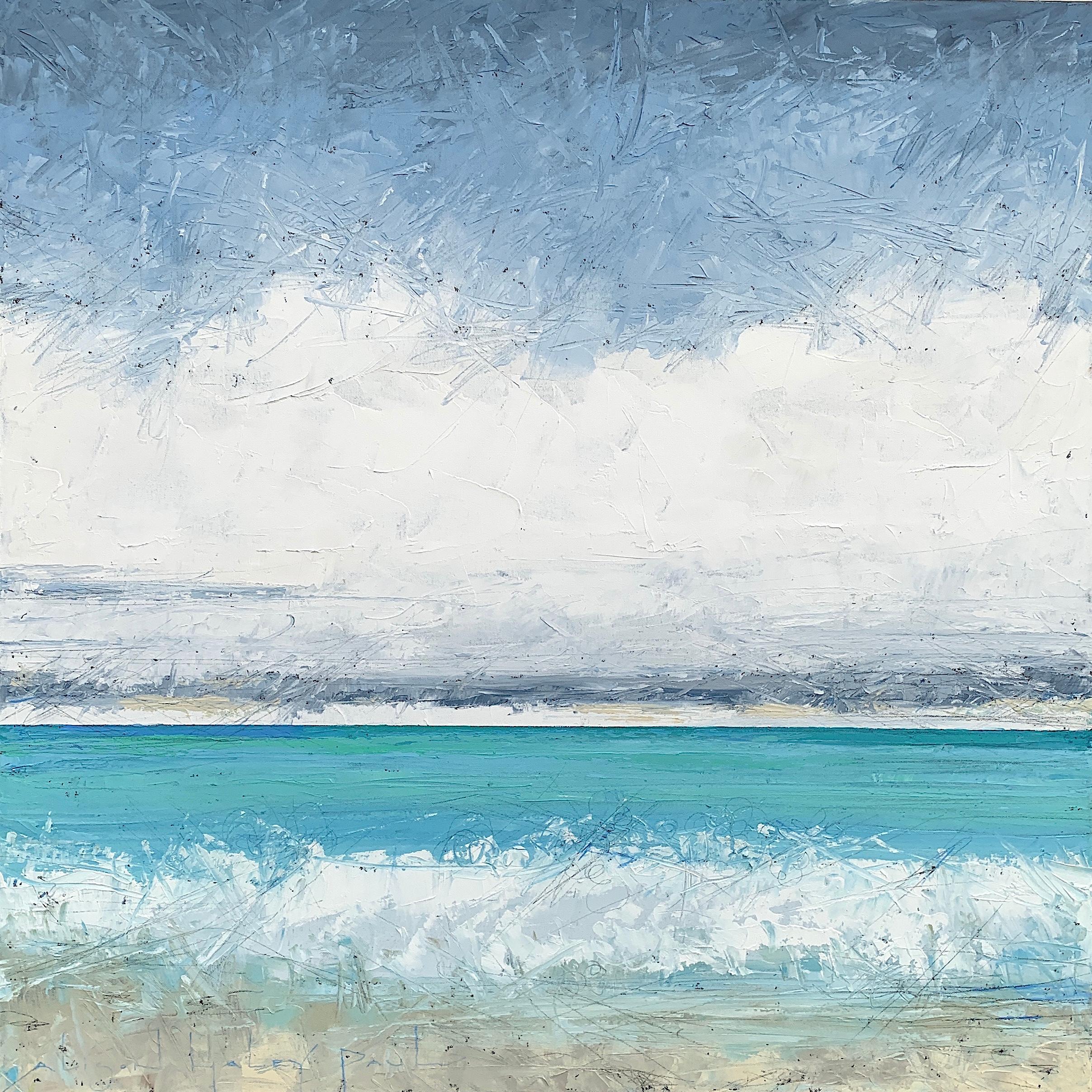 Alison Haley Paul Landscape Painting - "Layering" Impasto mixed media painting of a turquoise ocean beneath cloudy sky