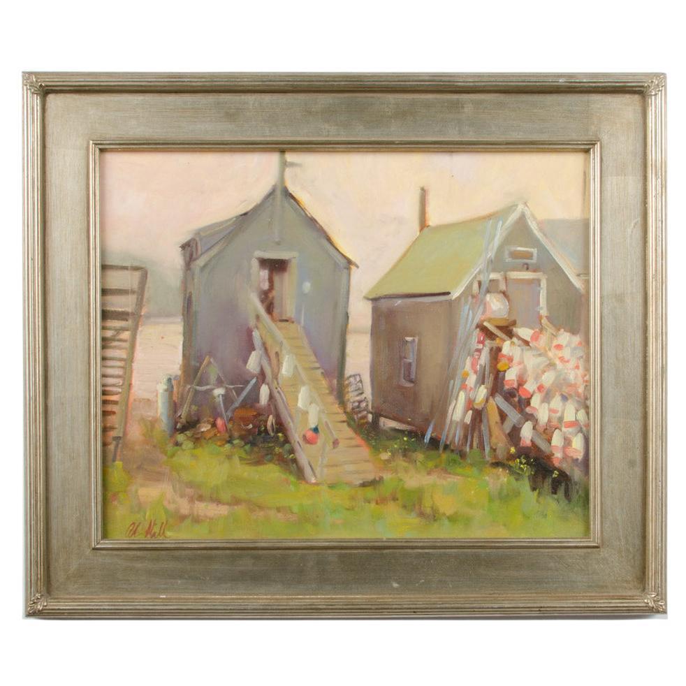 Alison Hill 'American, Late 20th Century' "Fishing Shacks" Painting For Sale