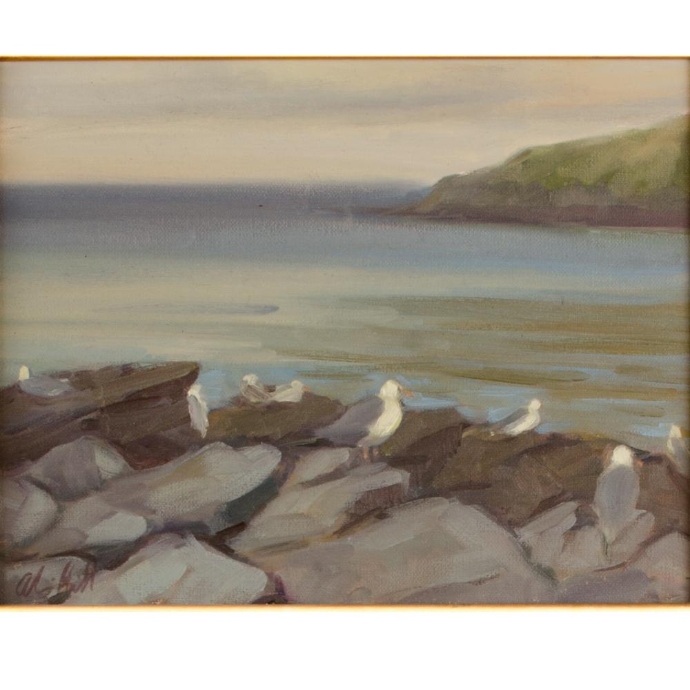 Canvas Alison Hill 'American, Late 20th Century' Seagulls on the Rocks For Sale