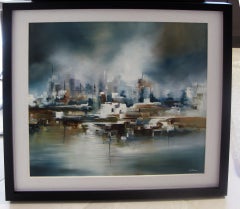 Alison Johnson, City Side, peinture originale de paysage urbain, œuvre d'art dramatique brillante