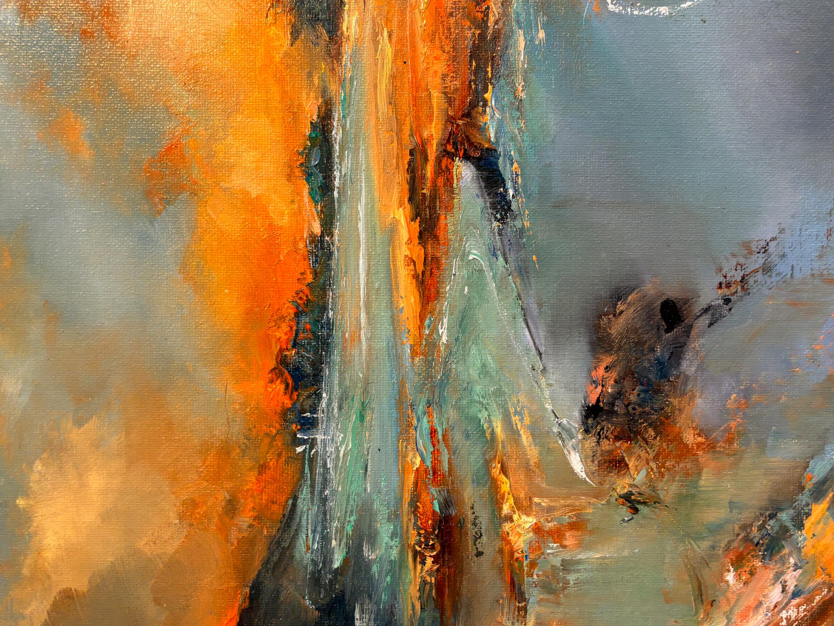 Embers Tide - peinture originale à l'huile de paysage abstrait - œuvre d'art contemporain - Gris Abstract Painting par Alison Johnson
