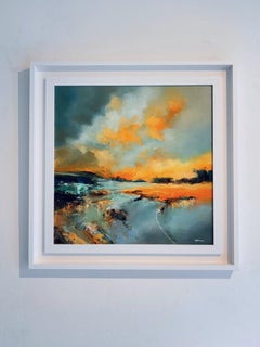 Embers Tide - Peinture à l'huile originale : paysage marin abstrait - Peinture représentant un coucher de soleil
