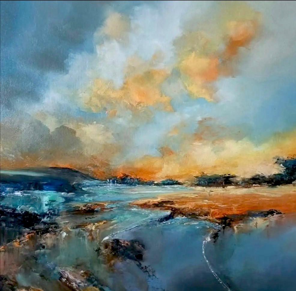 Alison Johnson Abstract Painting – „Embers Tide“ – Abstrakte Meereslandschaft im Original-Ölgemälde – Landschaftsbild mit Sonnenuntergang