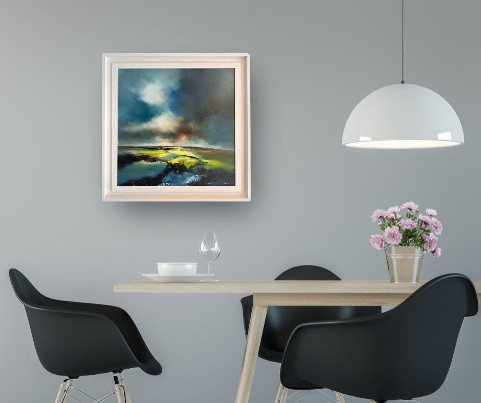 This exceptional artwork is currently on display and available for sale at Signet Contemporary Art Gallery and online. “Forever Roam” is an immersive fieldscape of layered cool tones, where teal and green blend into watery blue depths. The paint