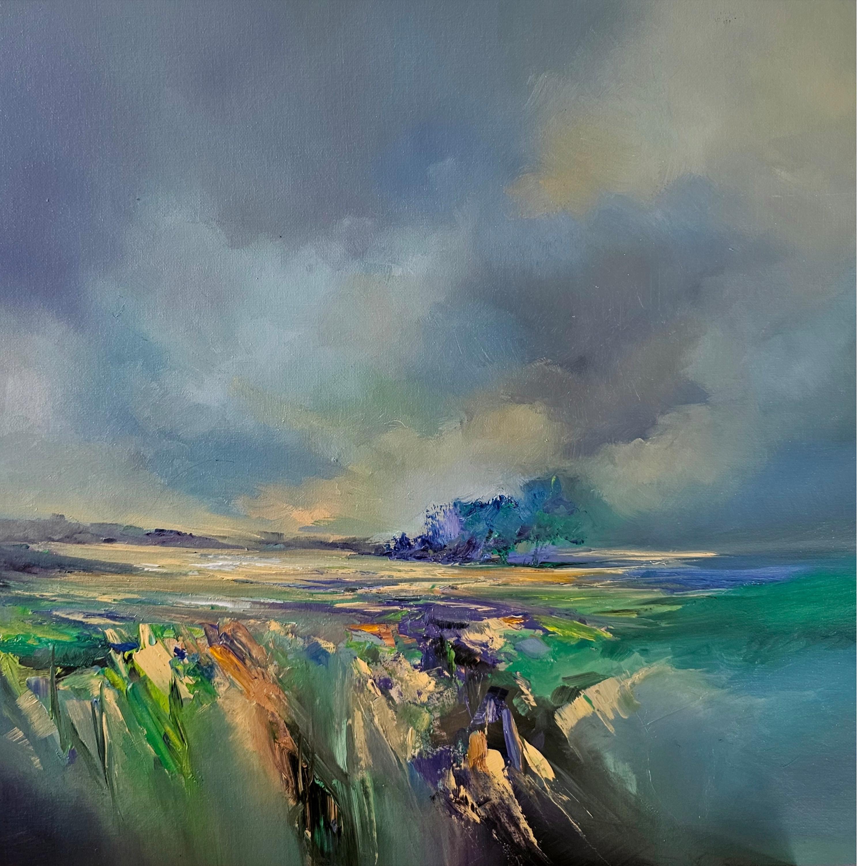 Abstract Painting Alison Johnson - It's a Living Up-peinture de paysage abstraite à l'huile - art contemporain surréaliste