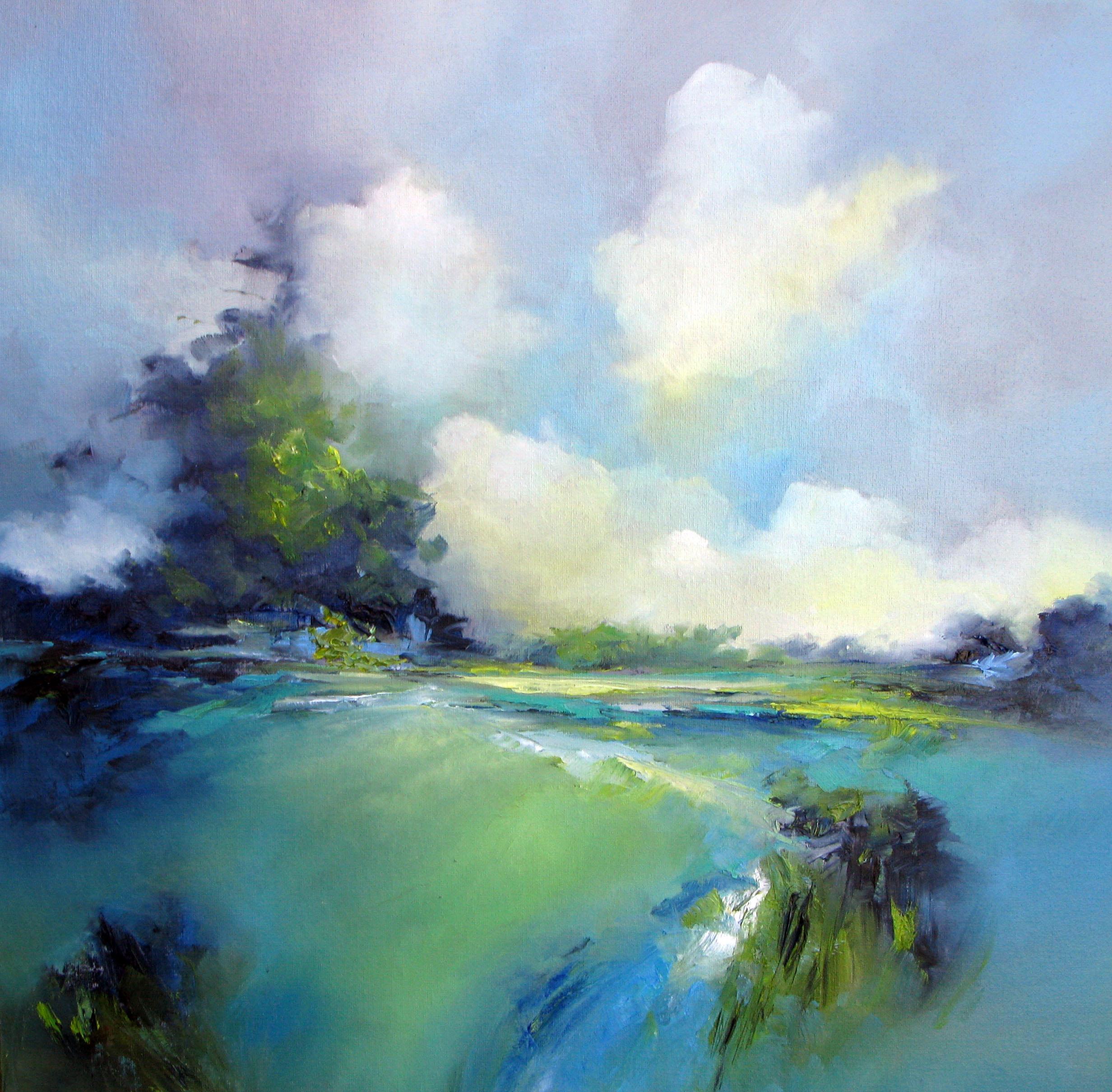 Greene & Greene - pittura originale ad olio di paesaggio astratto - arte contemporanea surreale