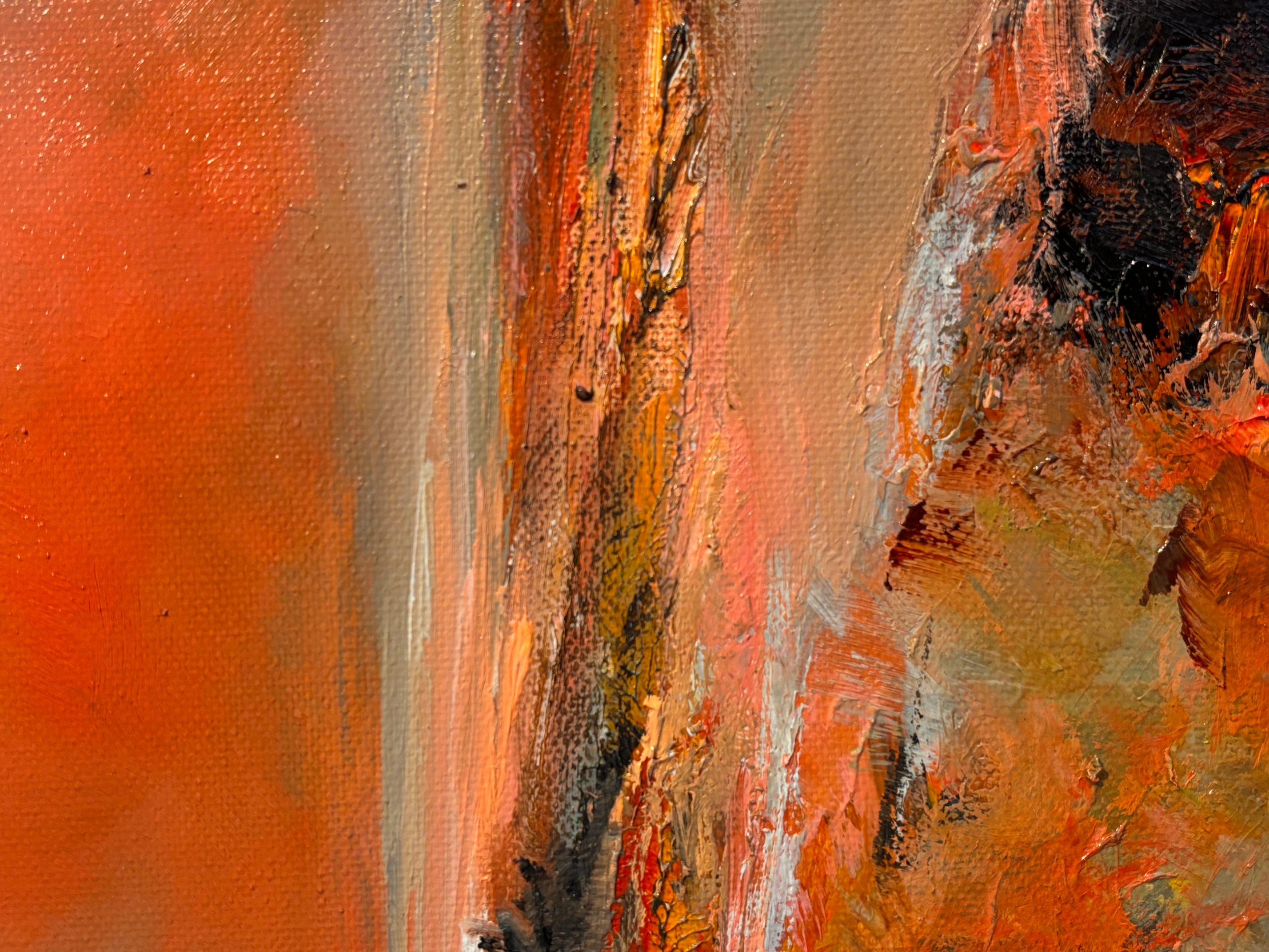 Dieses außergewöhnliche Kunstwerk ist derzeit in der Signet Contemporary Art Gallery und online ausgestellt und zu verkaufen.

Residual Heat von Alison Johnson, gemalt in Öl auf Leinwand, strahlt die anhaltende Intensität einer von Feuer und Licht