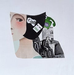 Small Worlds: Call me.  - collage and ink on wood panel